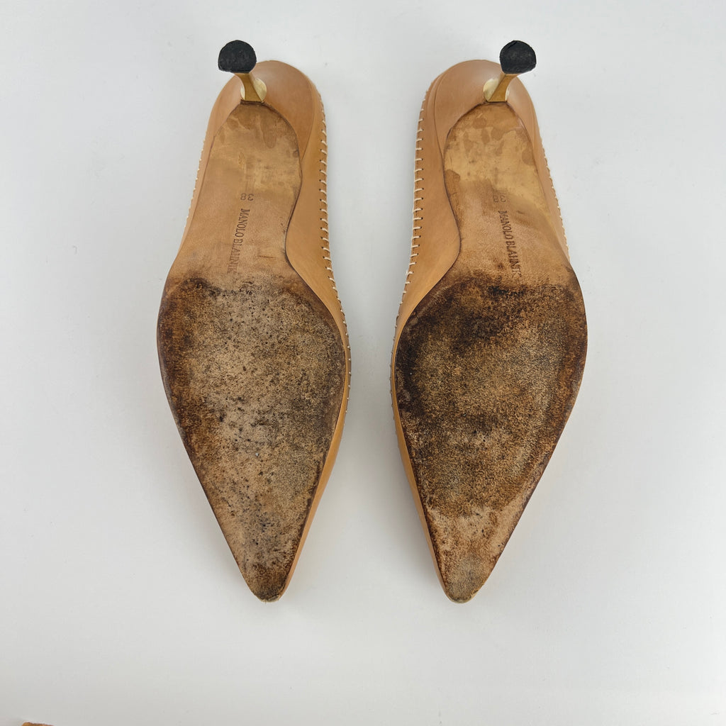 Manolo Blahnik | Vintage Nude Leather White Whipstitch Pointed Toe Slide Mules (38)