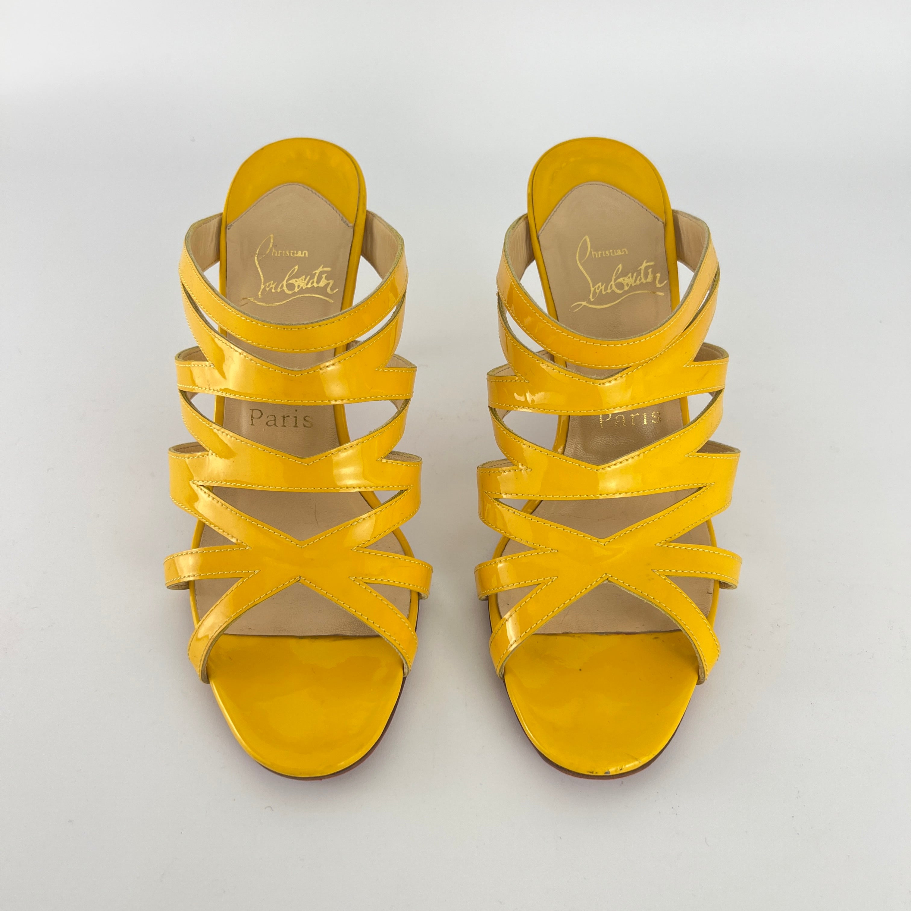 Louboutin | Yellow Patent Leather Strappy Sandal Slide Mules (37.5)