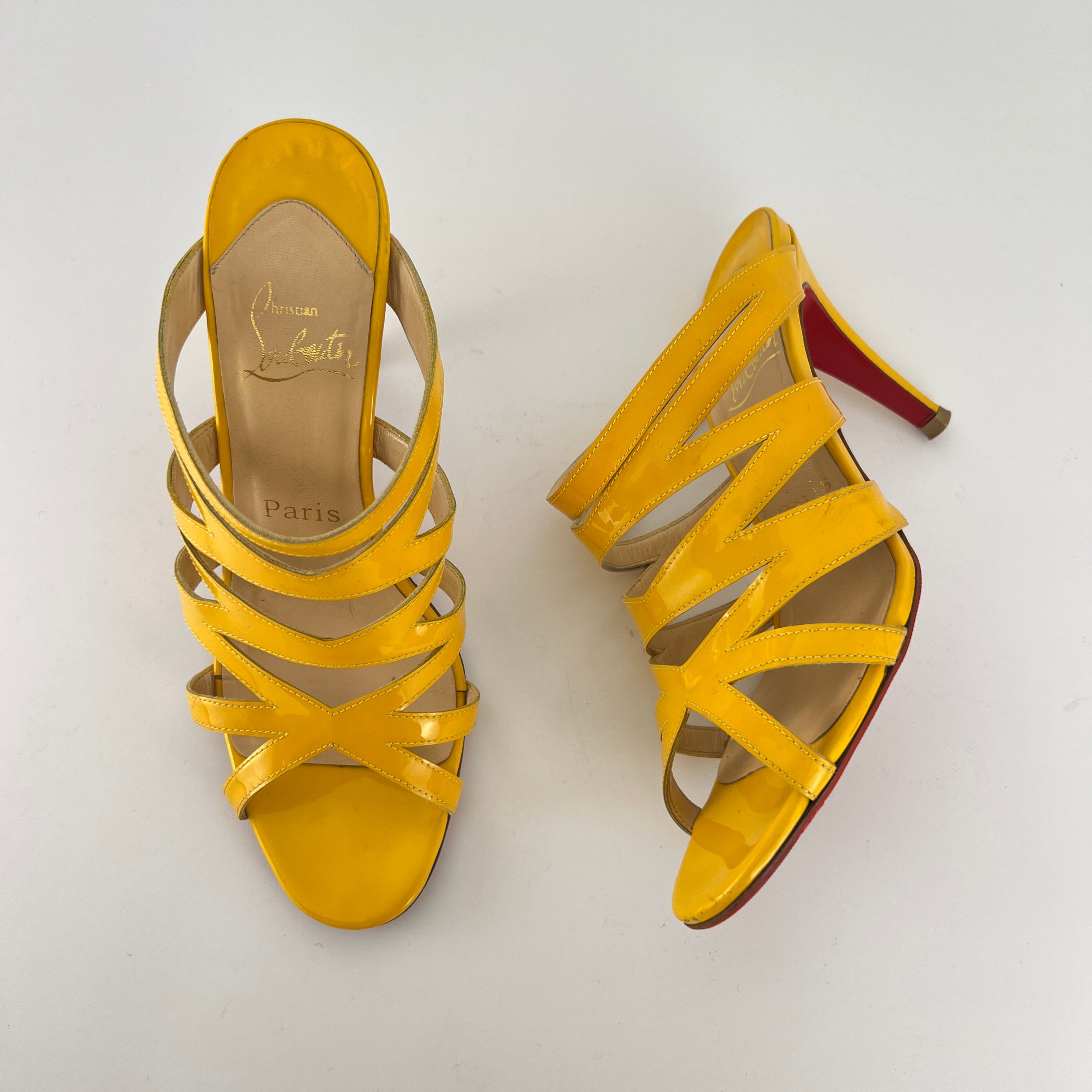 Louboutin | Yellow Patent Leather Strappy Sandal Slide Mules (37.5)