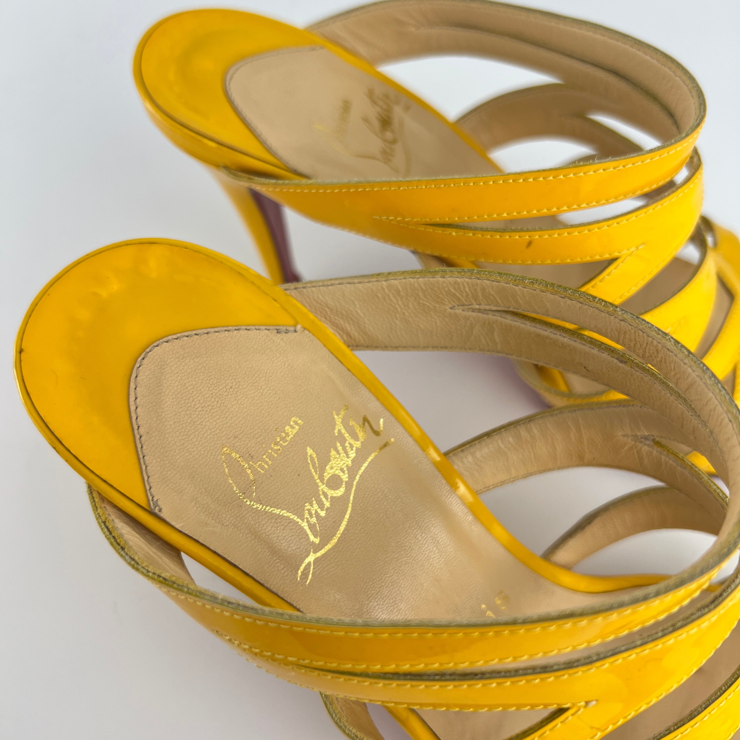 Louboutin | Yellow Patent Leather Strappy Sandal Slide Mules (37.5)