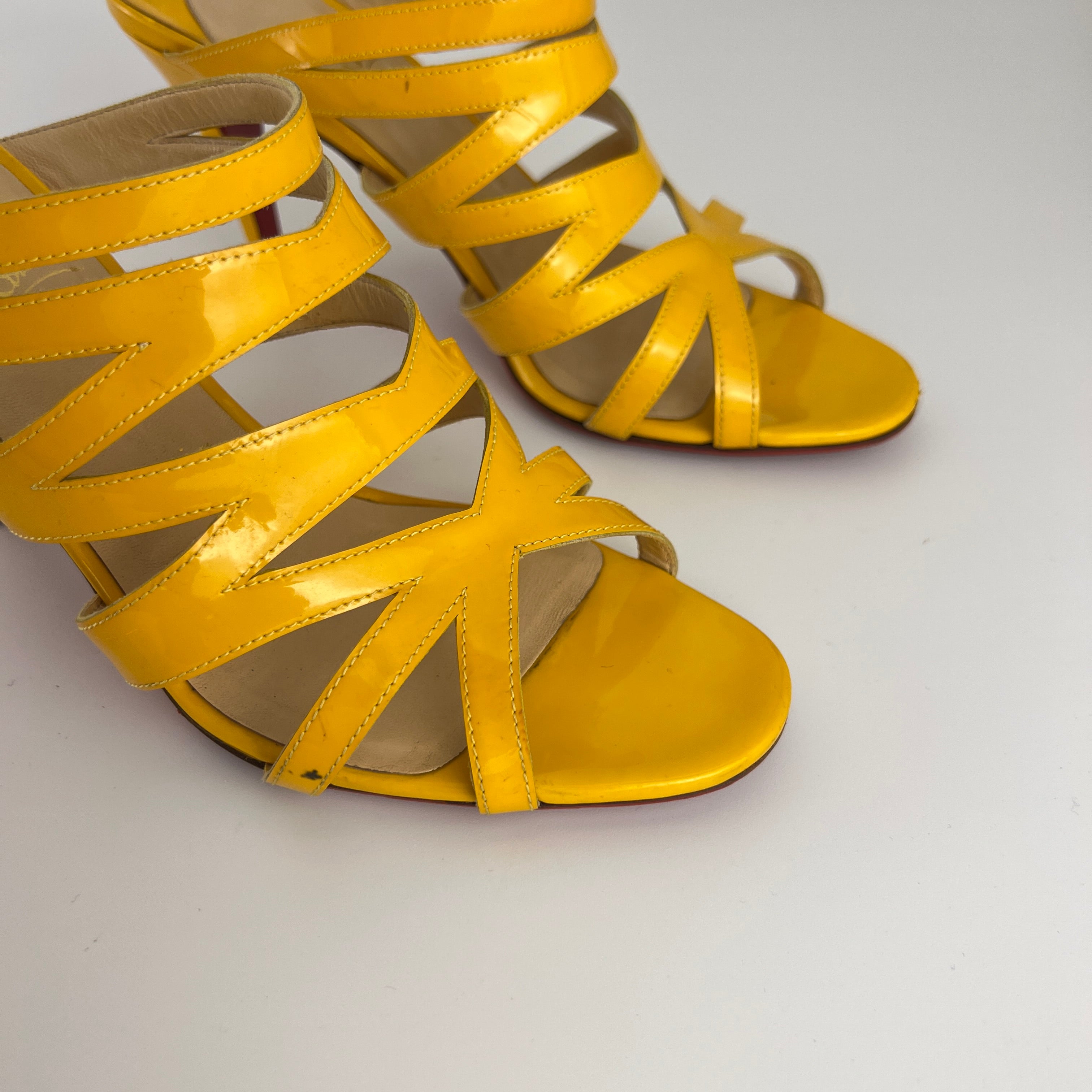Louboutin | Yellow Patent Leather Strappy Sandal Slide Mules (37.5)