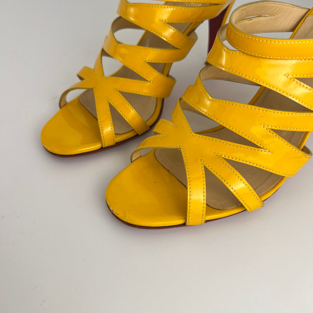 Louboutin | Yellow Patent Leather Strappy Sandal Slide Mules (37.5)