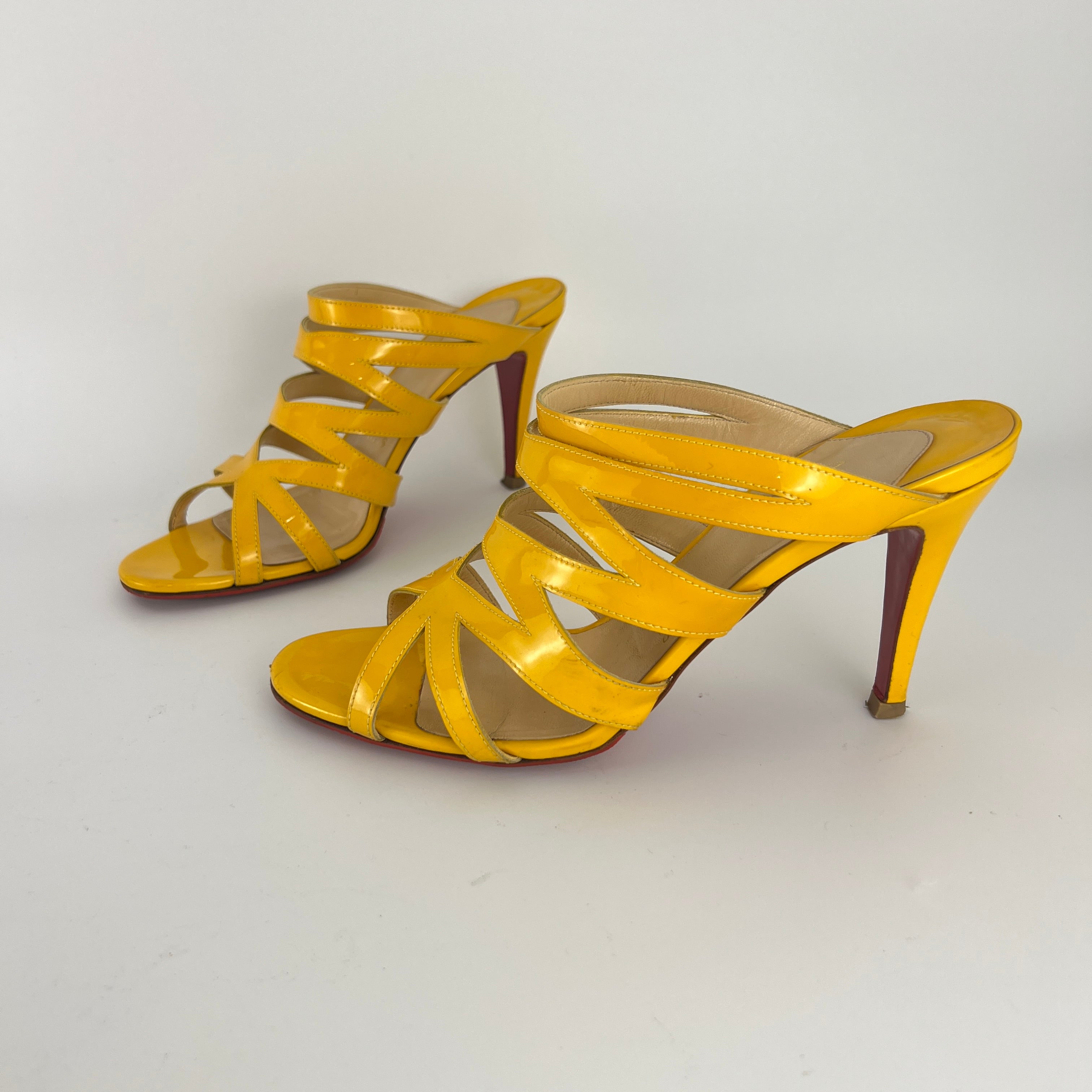 Louboutin | Yellow Patent Leather Strappy Sandal Slide Mules (37.5)