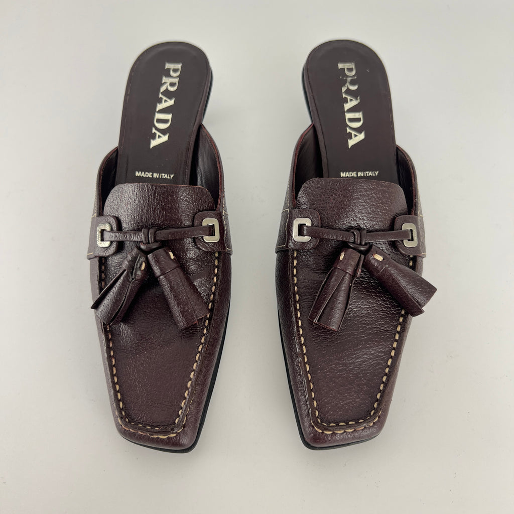 Prada | Brown Leather Tassel Loafer Slide Mules (35)