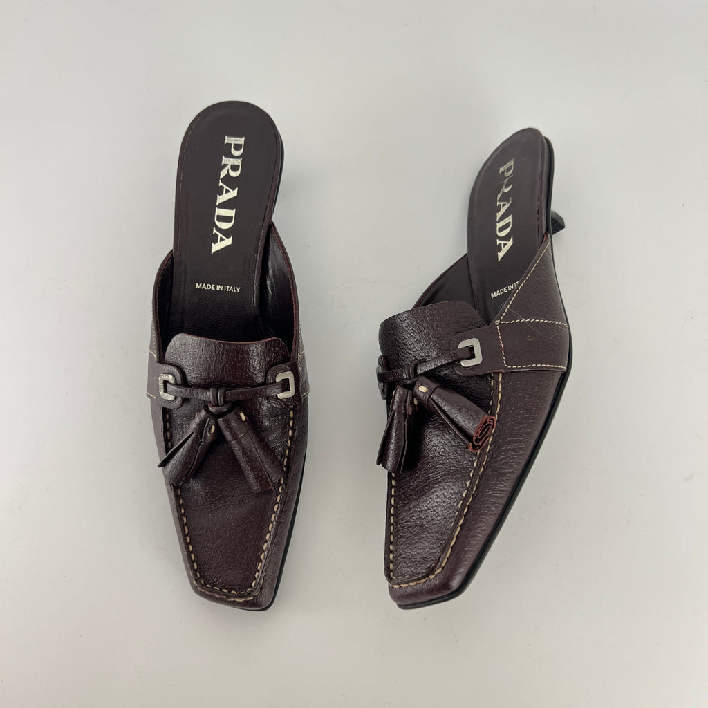 Prada | Brown Leather Tassel Loafer Slide Mules (35)