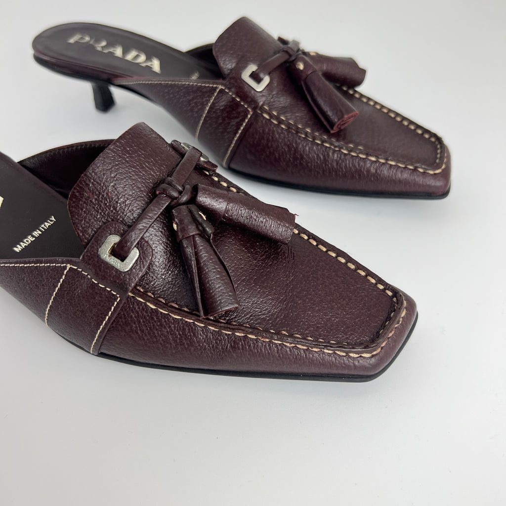 Prada | Brown Leather Tassel Loafer Slide Mules (35)