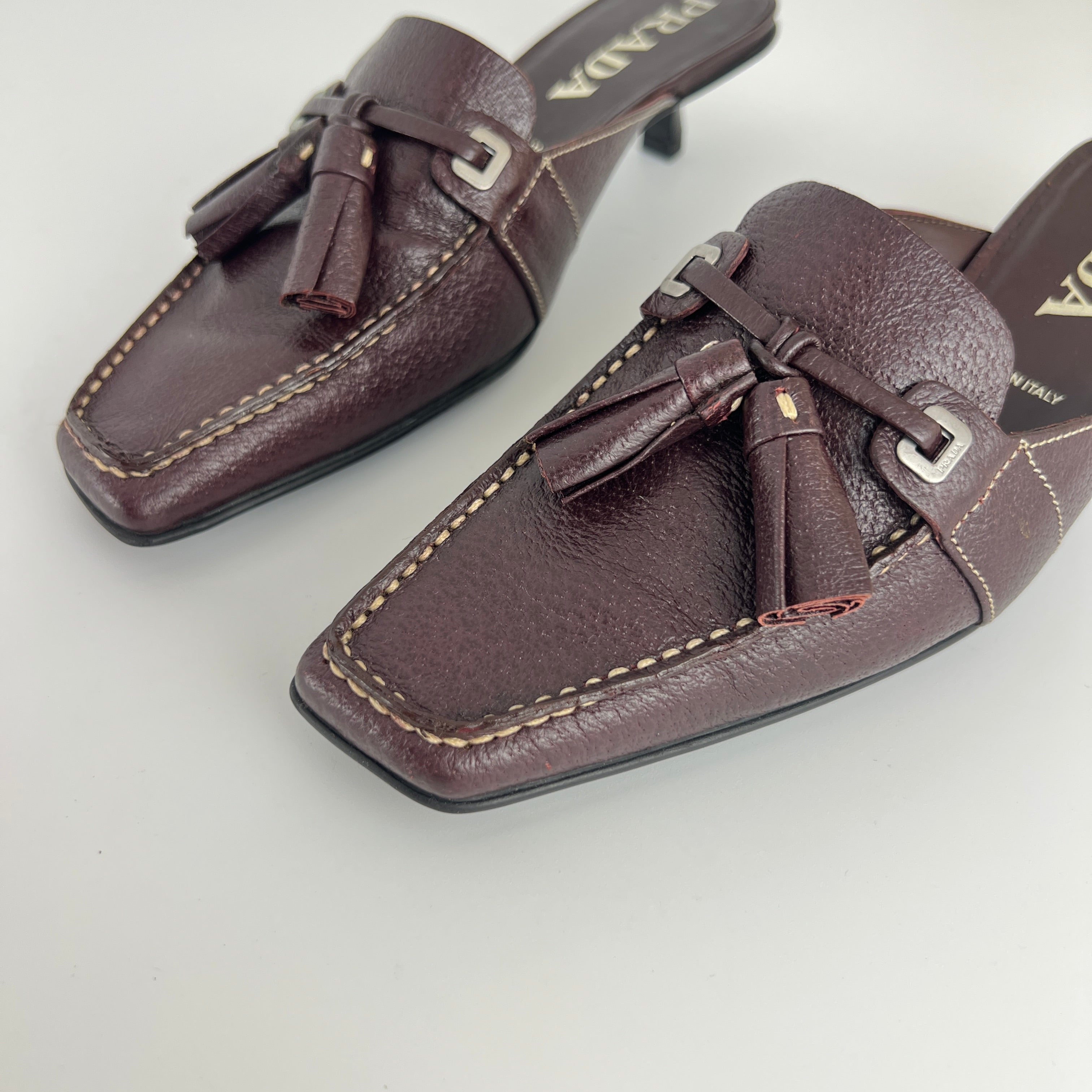 Prada | Brown Leather Tassel Loafer Slide Mules (35)
