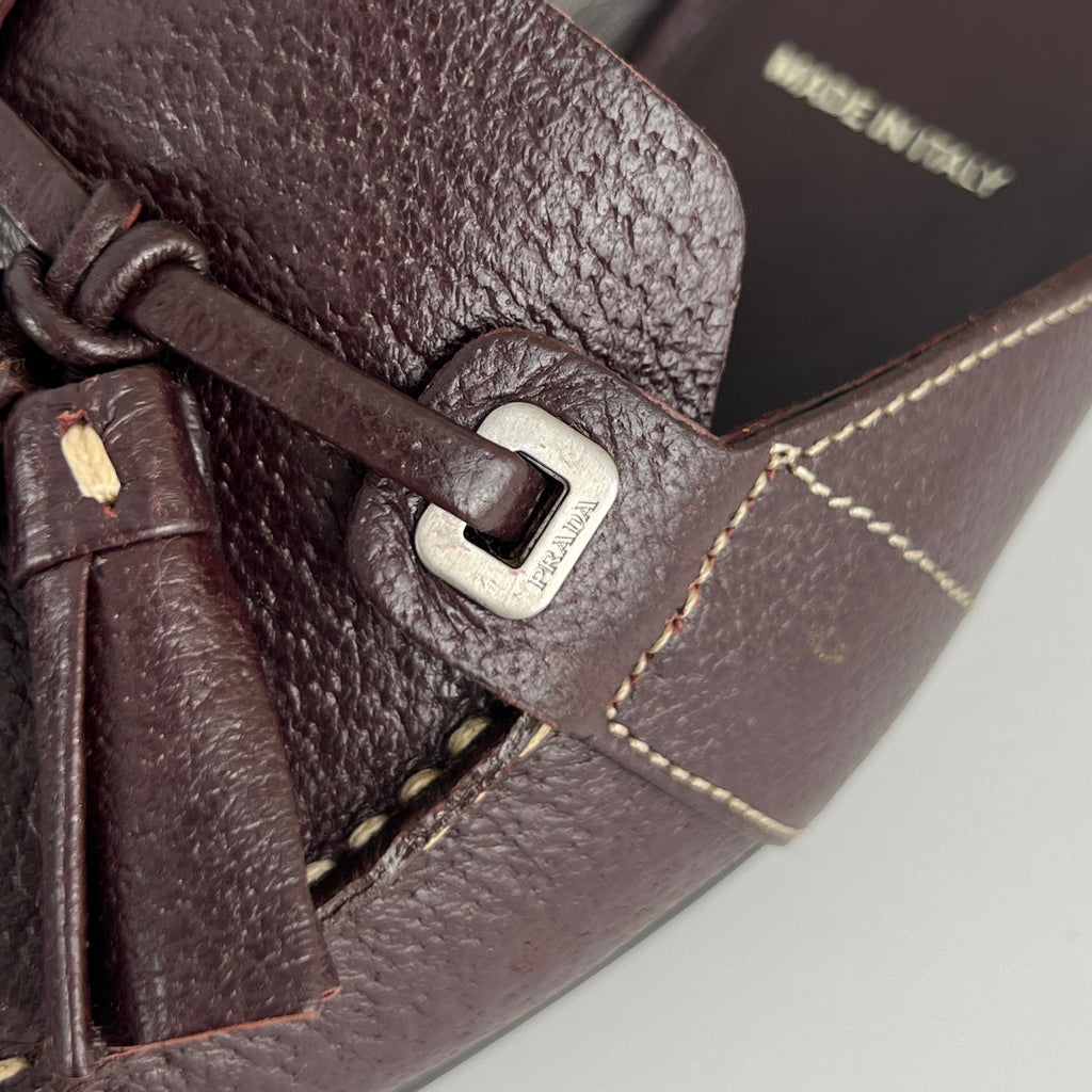 Prada | Brown Leather Tassel Loafer Slide Mules (35)