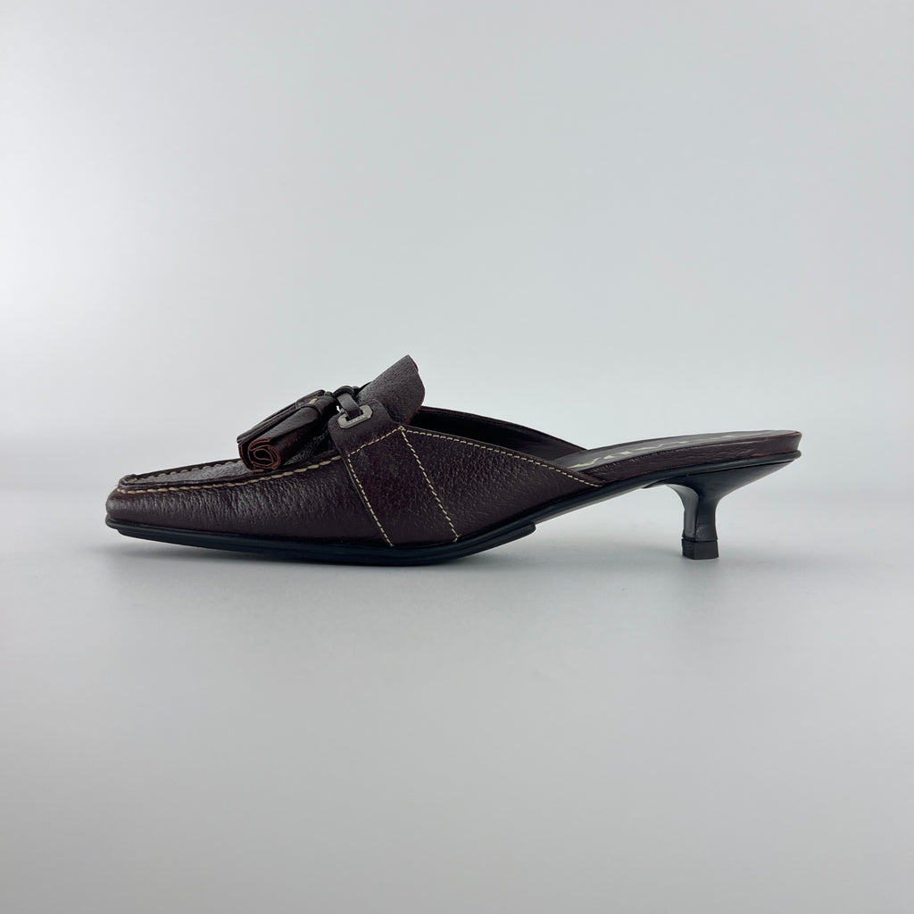 Prada | Brown Leather Tassel Loafer Slide Mules (35)