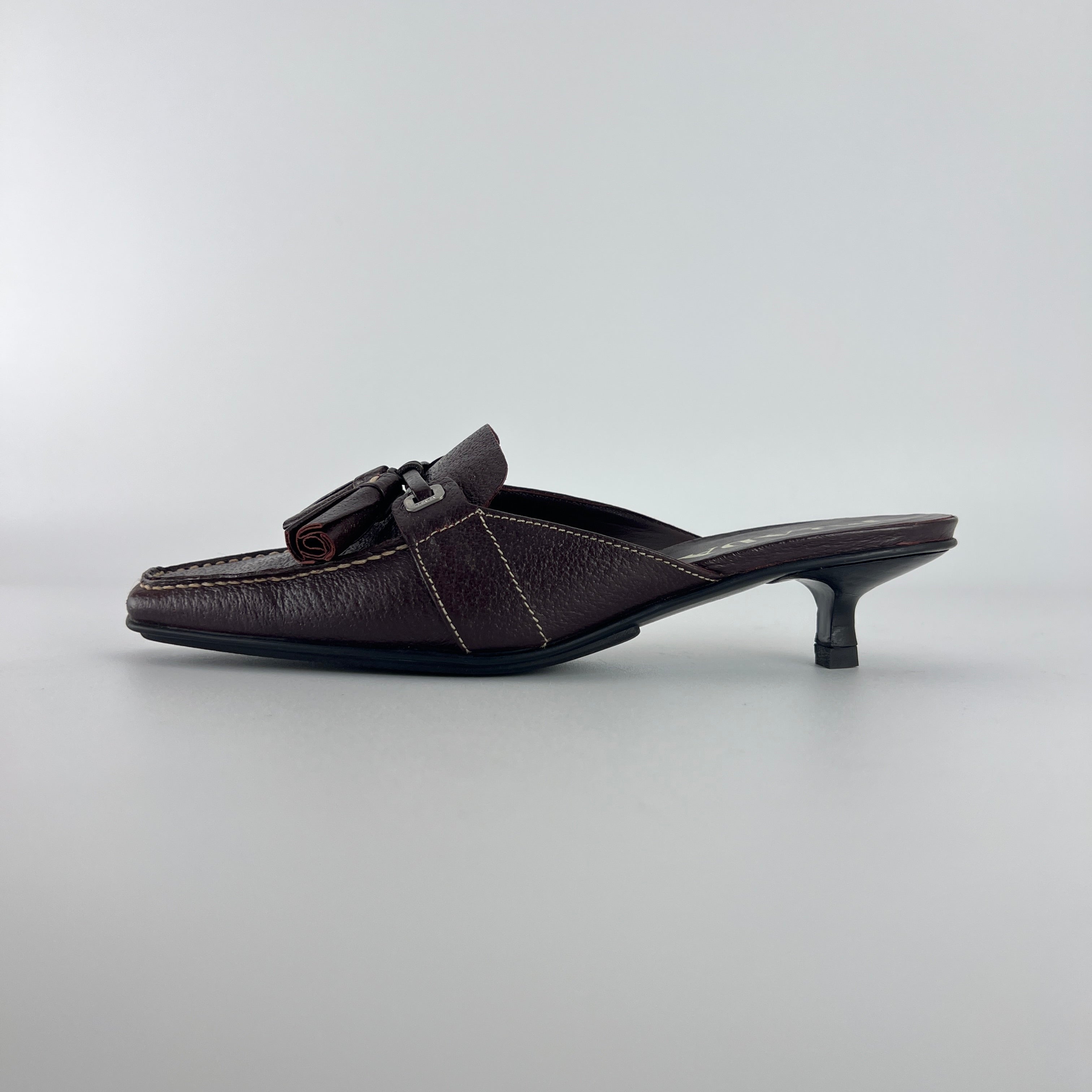 Prada | Brown Leather Tassel Loafer Slide Mules (35)