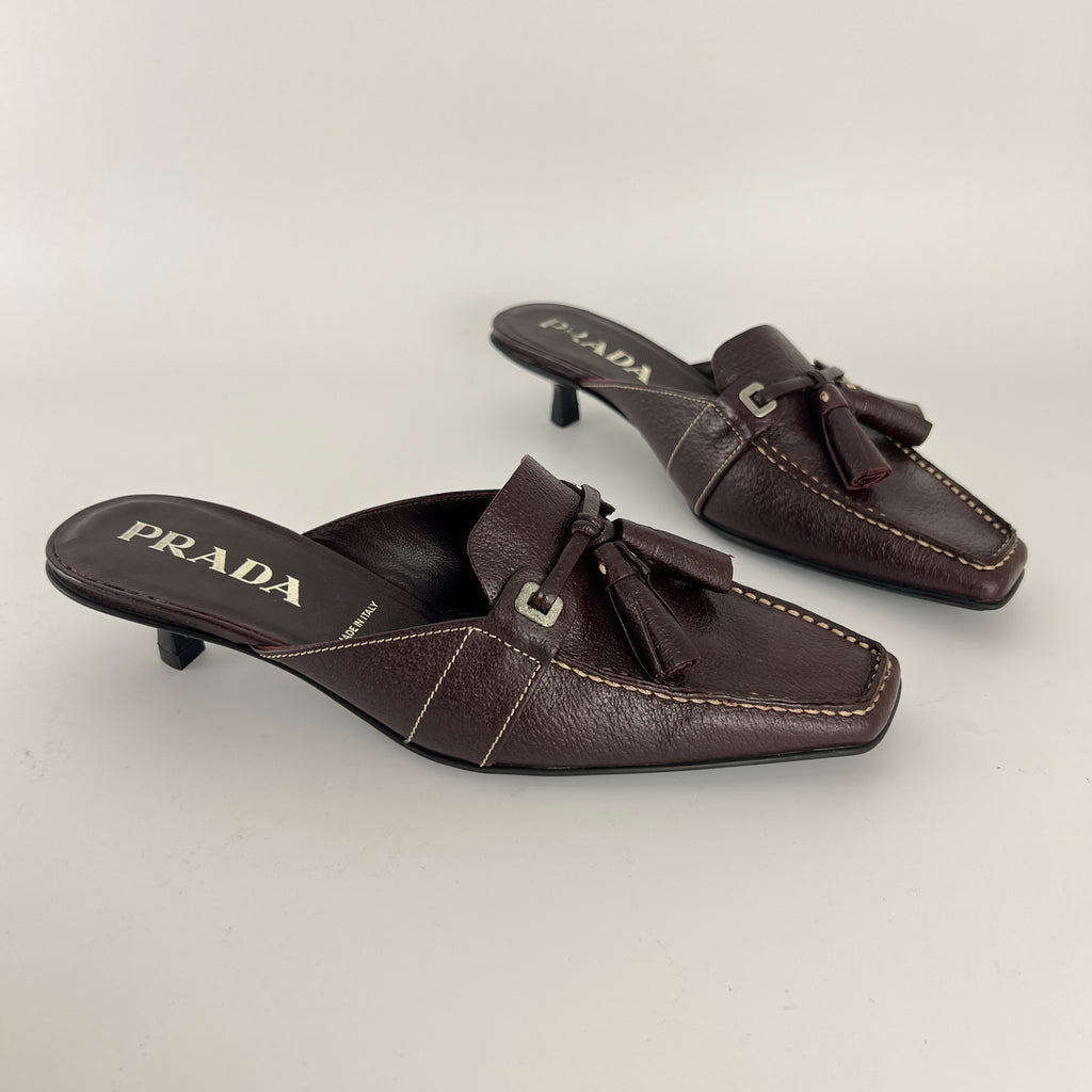 Prada | Brown Leather Tassel Loafer Slide Mules (35)
