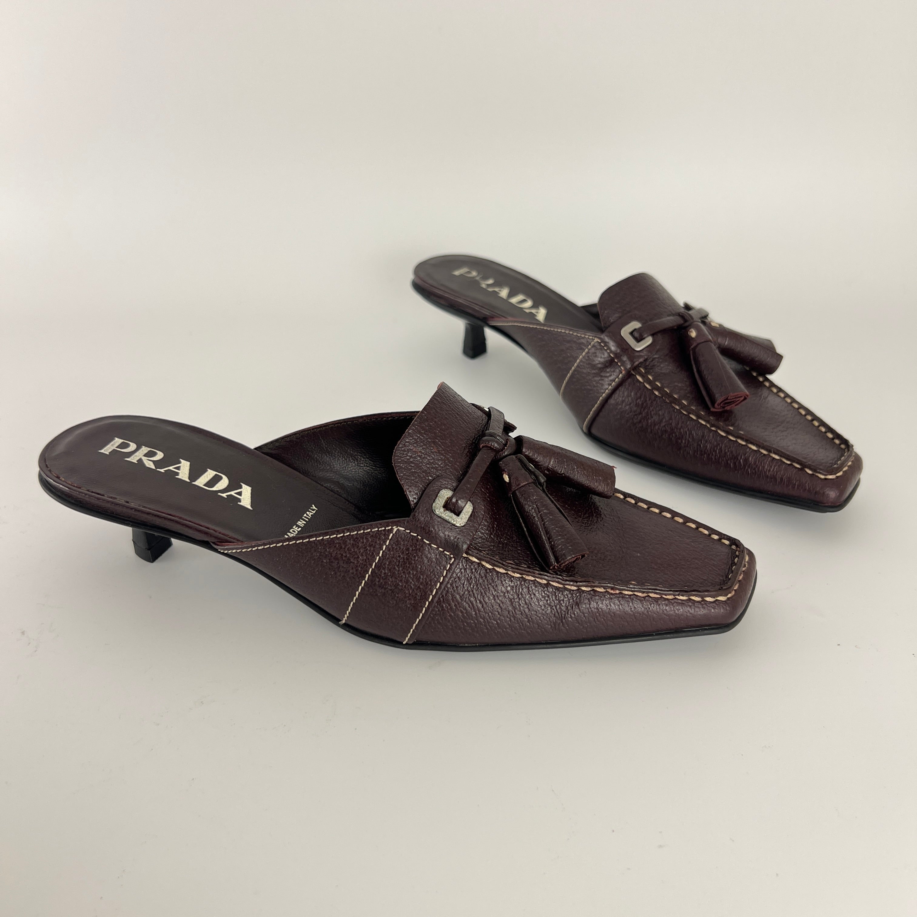 Prada | Brown Leather Tassel Loafer Slide Mules (35)