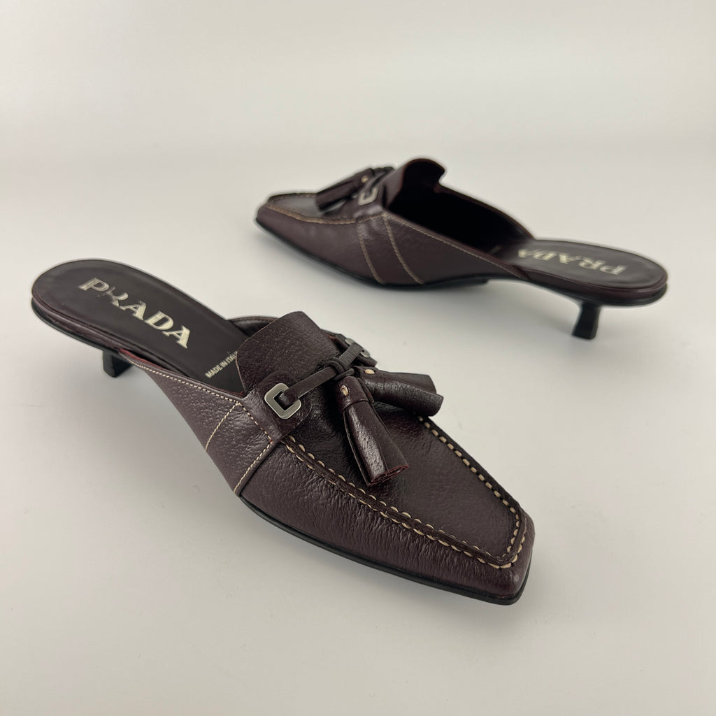Prada | Brown Leather Tassel Loafer Slide Mules (35)