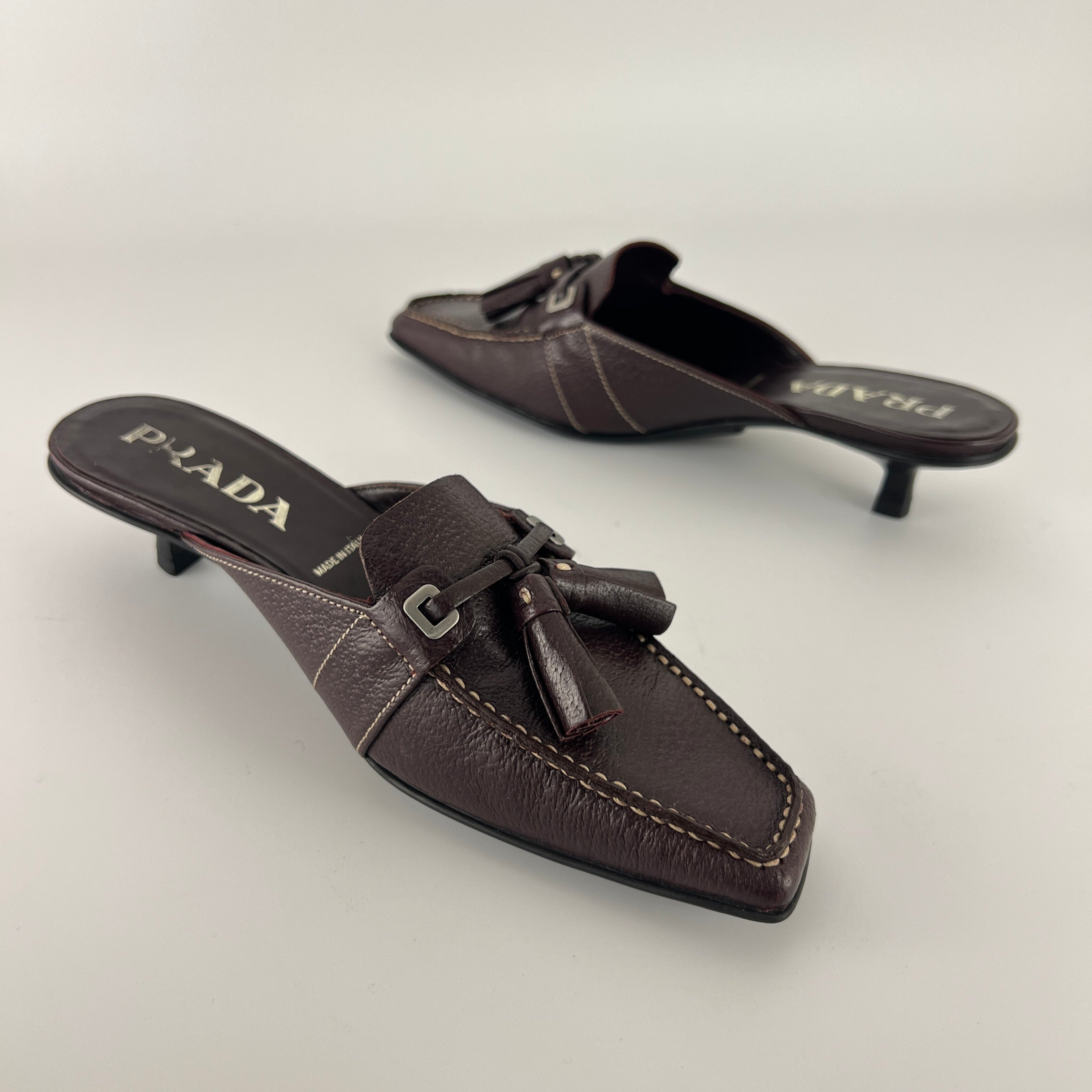 Prada | Brown Leather Tassel Loafer Slide Mules (35)