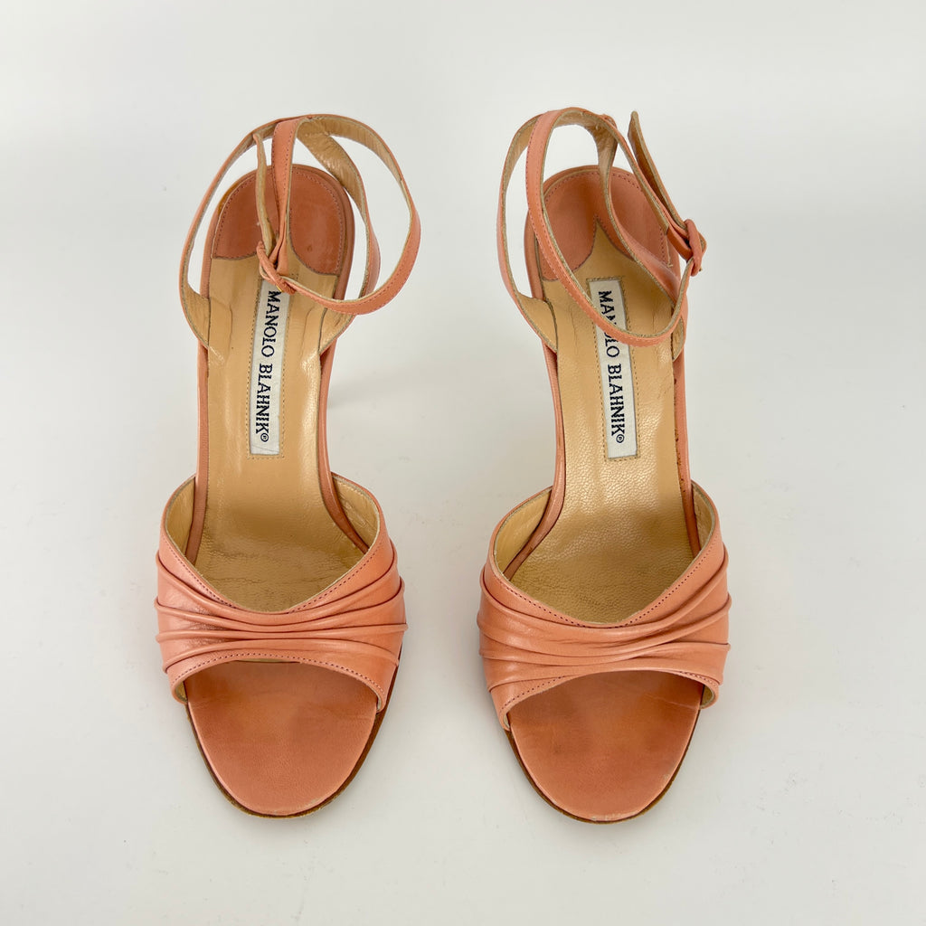 Manolo Blahnik | Pink Pleated Leather Ankle Wrap Sandal Heels (36)