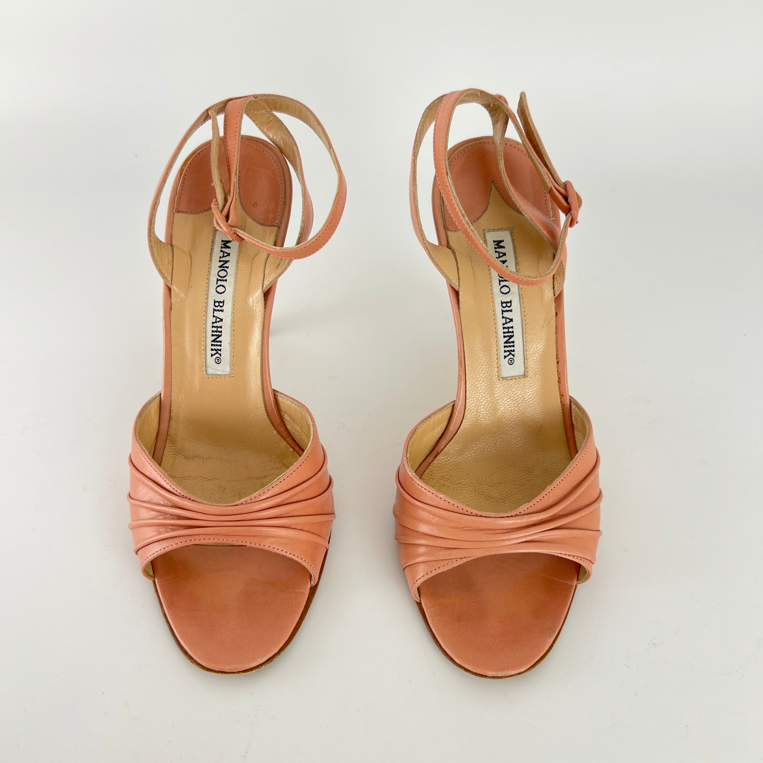 Manolo Blahnik | Pink Pleated Leather Ankle Wrap Sandal Heels (36)