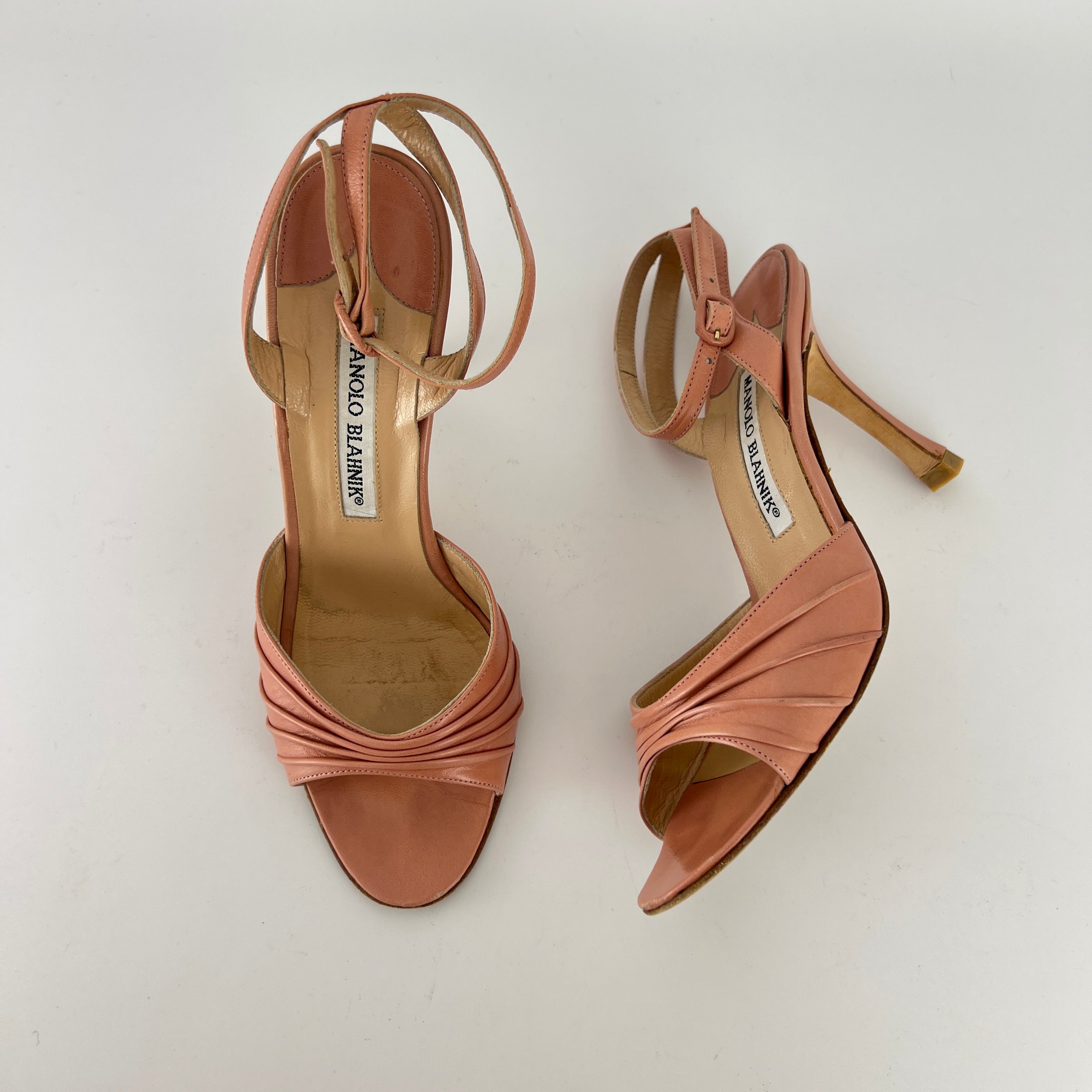 Manolo Blahnik | Pink Pleated Leather Ankle Wrap Sandal Heels (36)