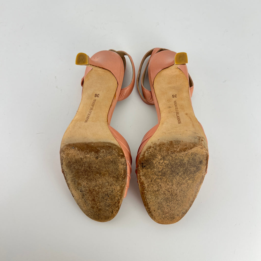 Manolo Blahnik | Pink Pleated Leather Ankle Wrap Sandal Heels (36)