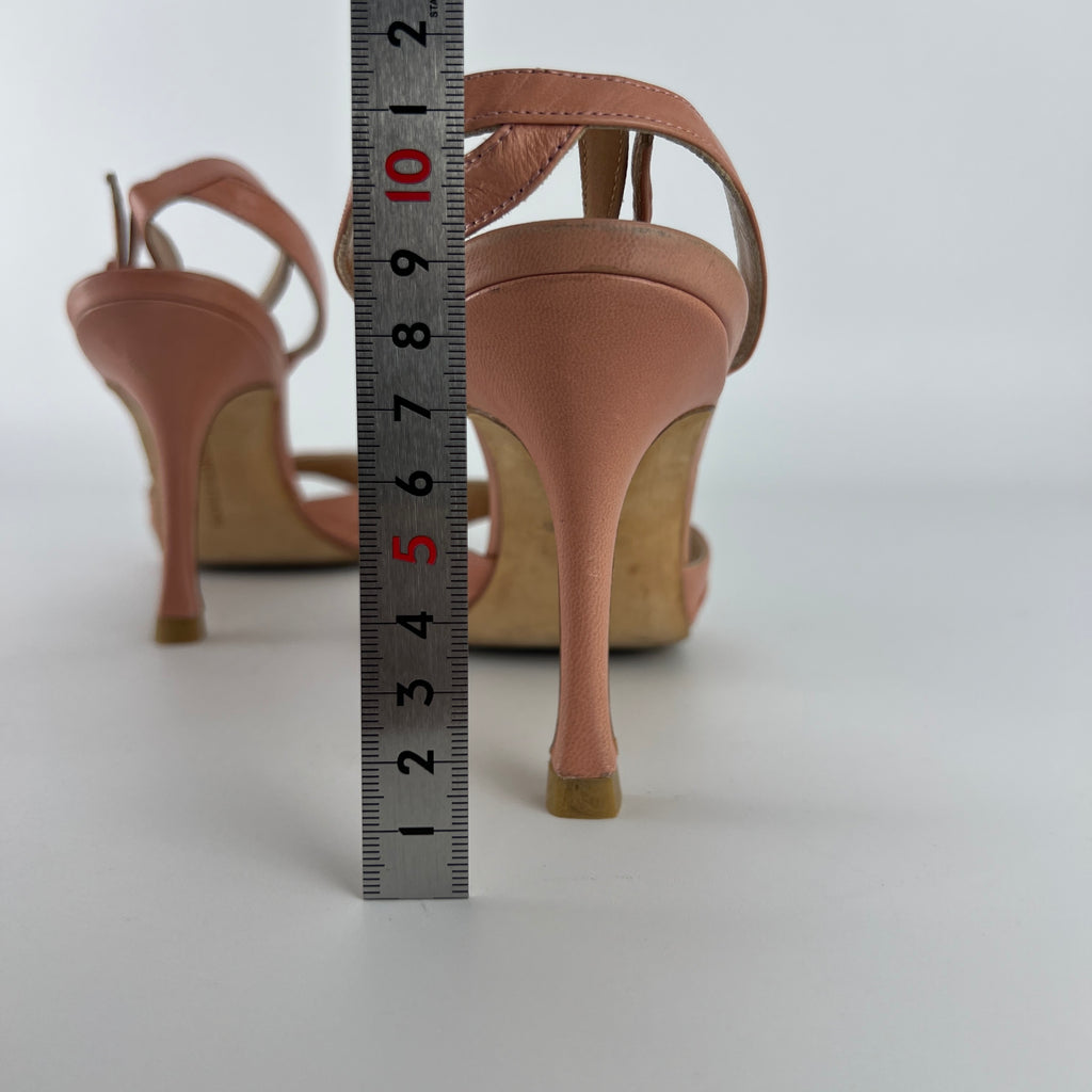 Manolo Blahnik | Pink Pleated Leather Ankle Wrap Sandal Heels (36)