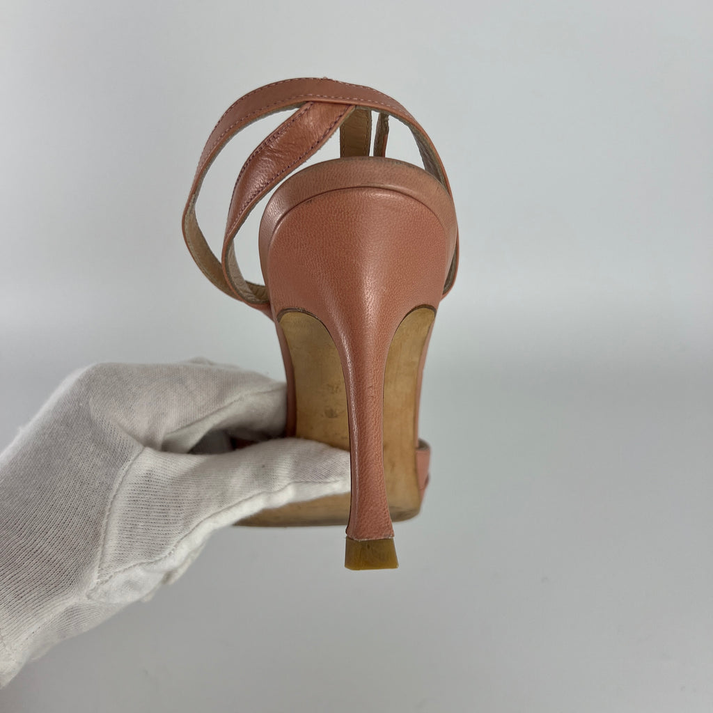 Manolo Blahnik | Pink Pleated Leather Ankle Wrap Sandal Heels (36)