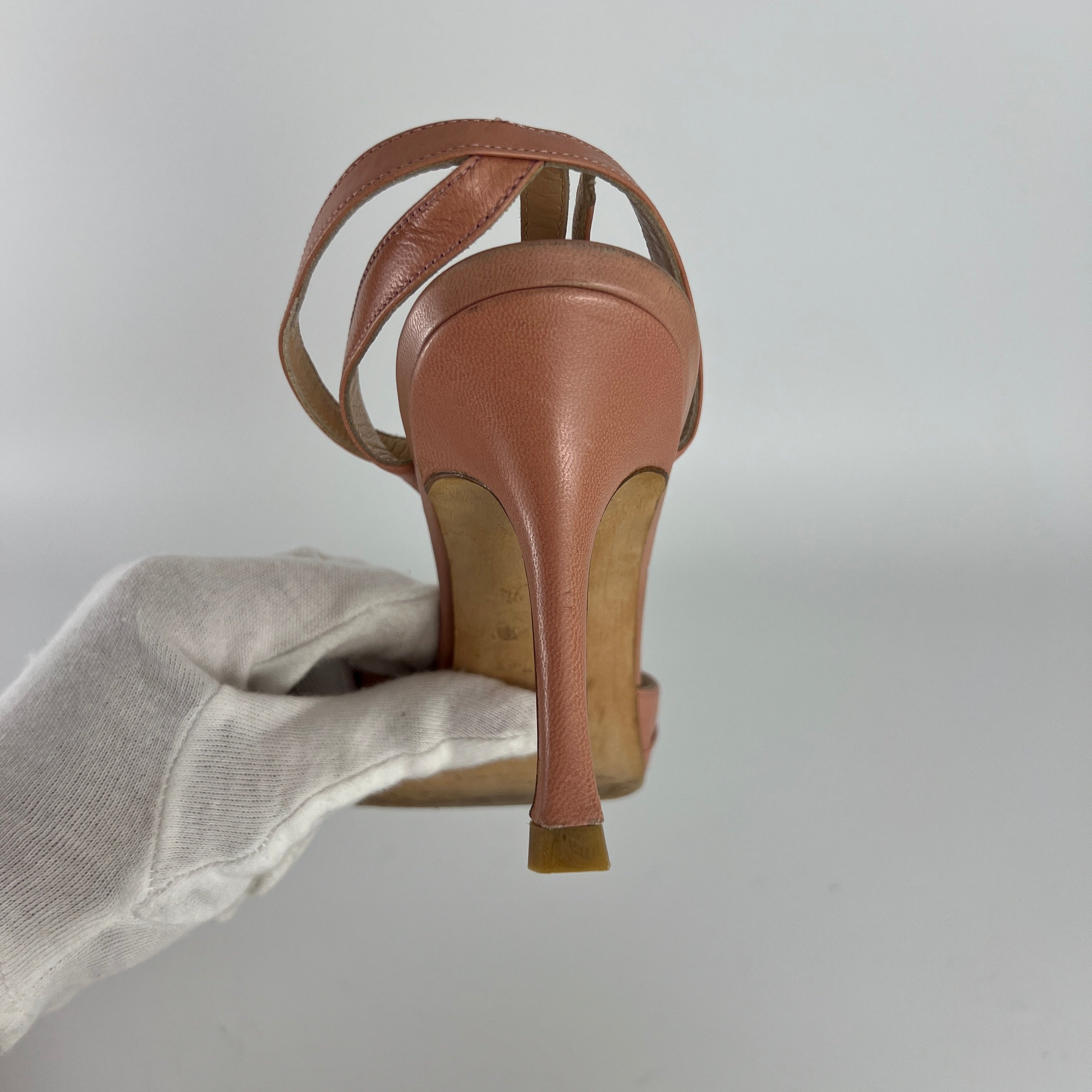 Manolo Blahnik | Pink Pleated Leather Ankle Wrap Sandal Heels (36)