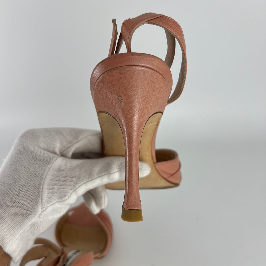 Manolo Blahnik | Pink Pleated Leather Ankle Wrap Sandal Heels (36)