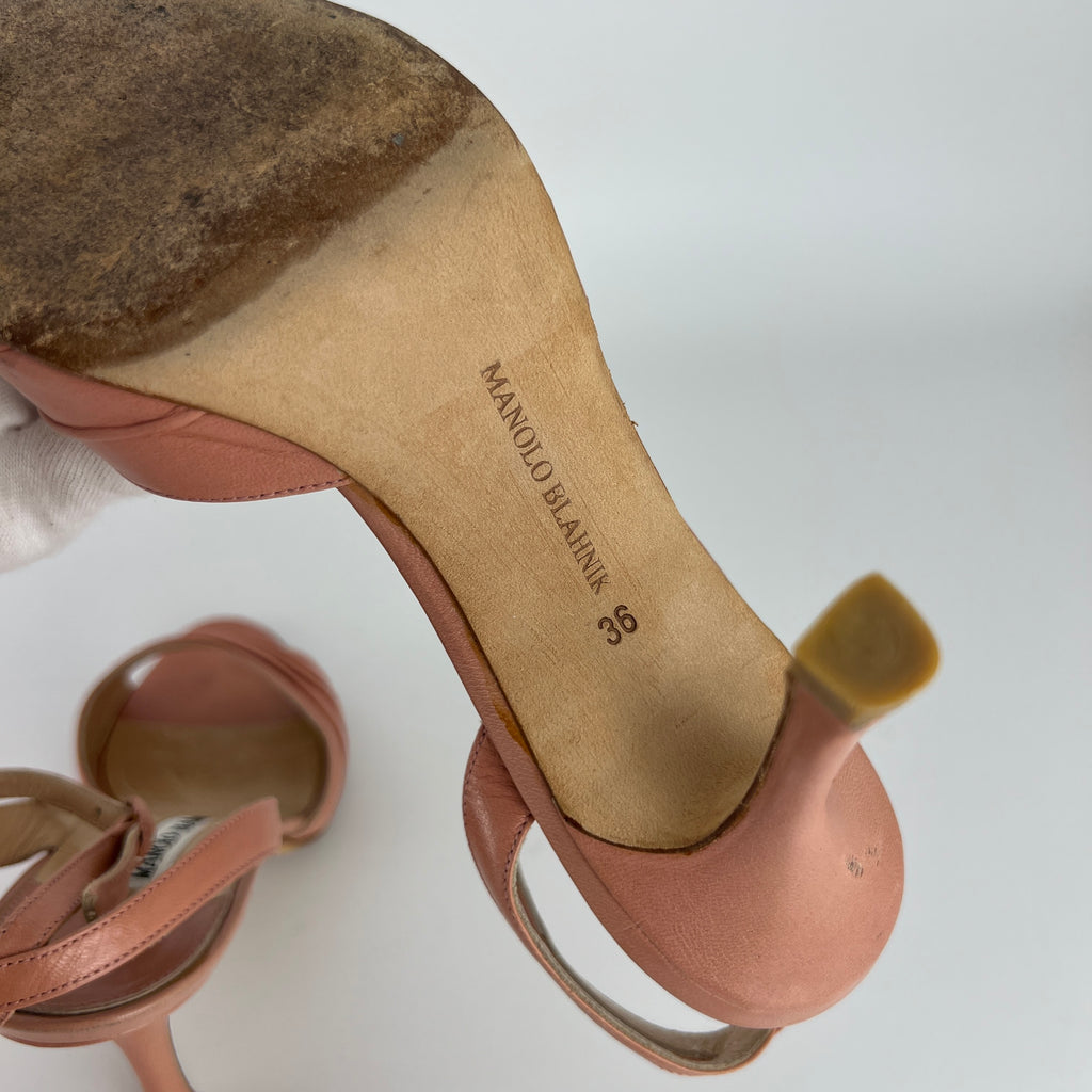 Manolo Blahnik | Pink Pleated Leather Ankle Wrap Sandal Heels (36)