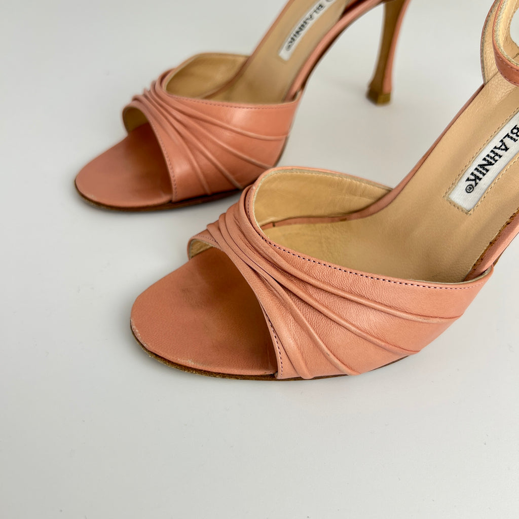 Manolo Blahnik | Pink Pleated Leather Ankle Wrap Sandal Heels (36)