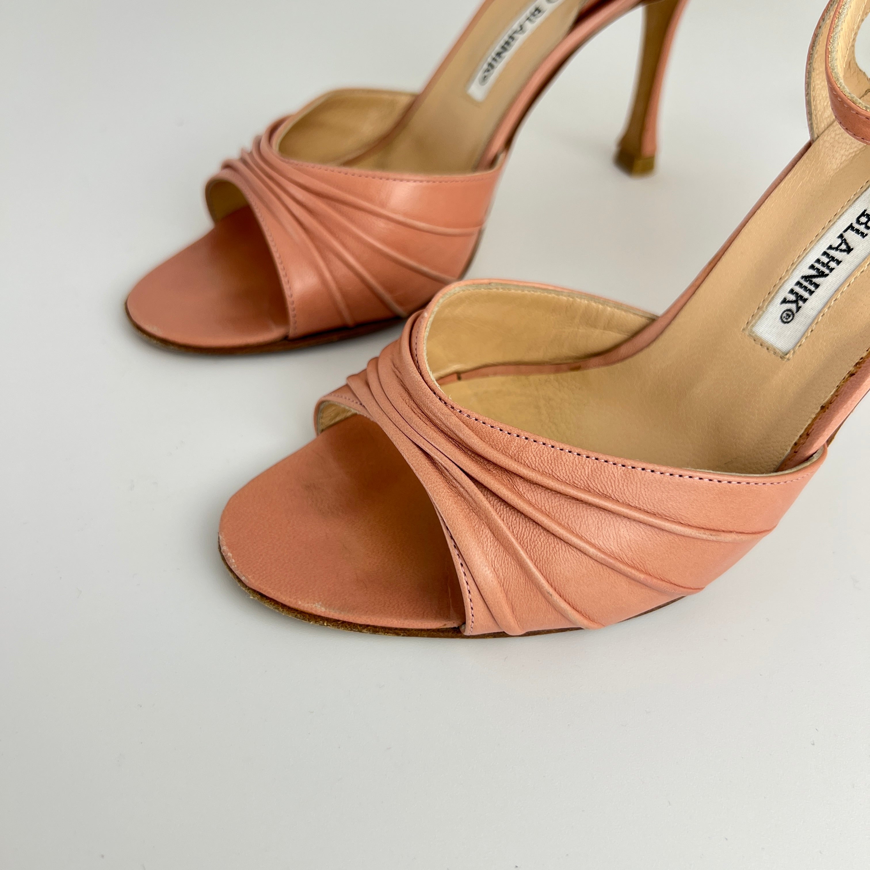 Manolo Blahnik | Pink Pleated Leather Ankle Wrap Sandal Heels (36)