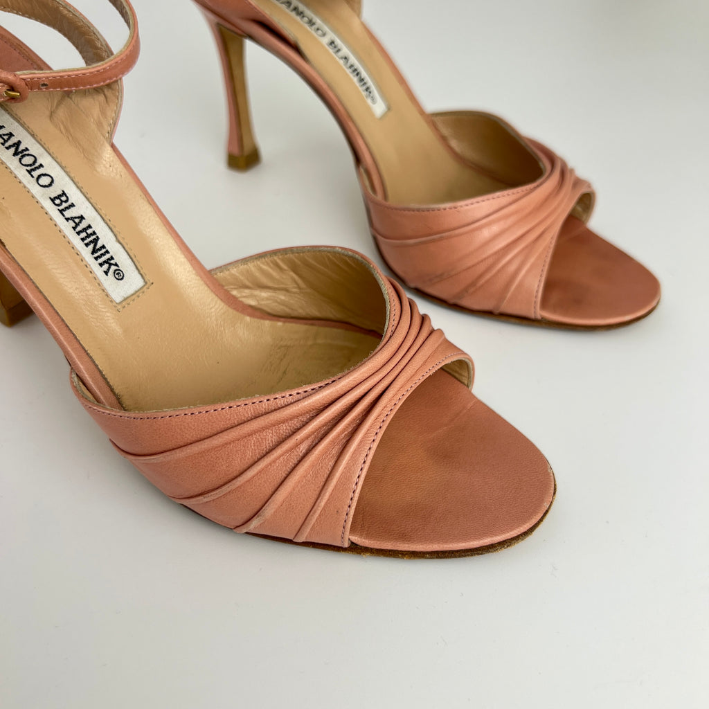 Manolo Blahnik | Pink Pleated Leather Ankle Wrap Sandal Heels (36)