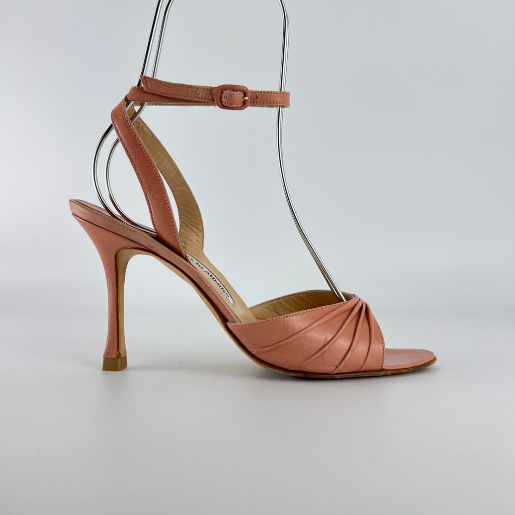 Manolo Blahnik | Pink Pleated Leather Ankle Wrap Sandal Heels (36)