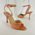 Manolo Blahnik | Pink Pleated Leather Ankle Wrap Sandal Heels (36)