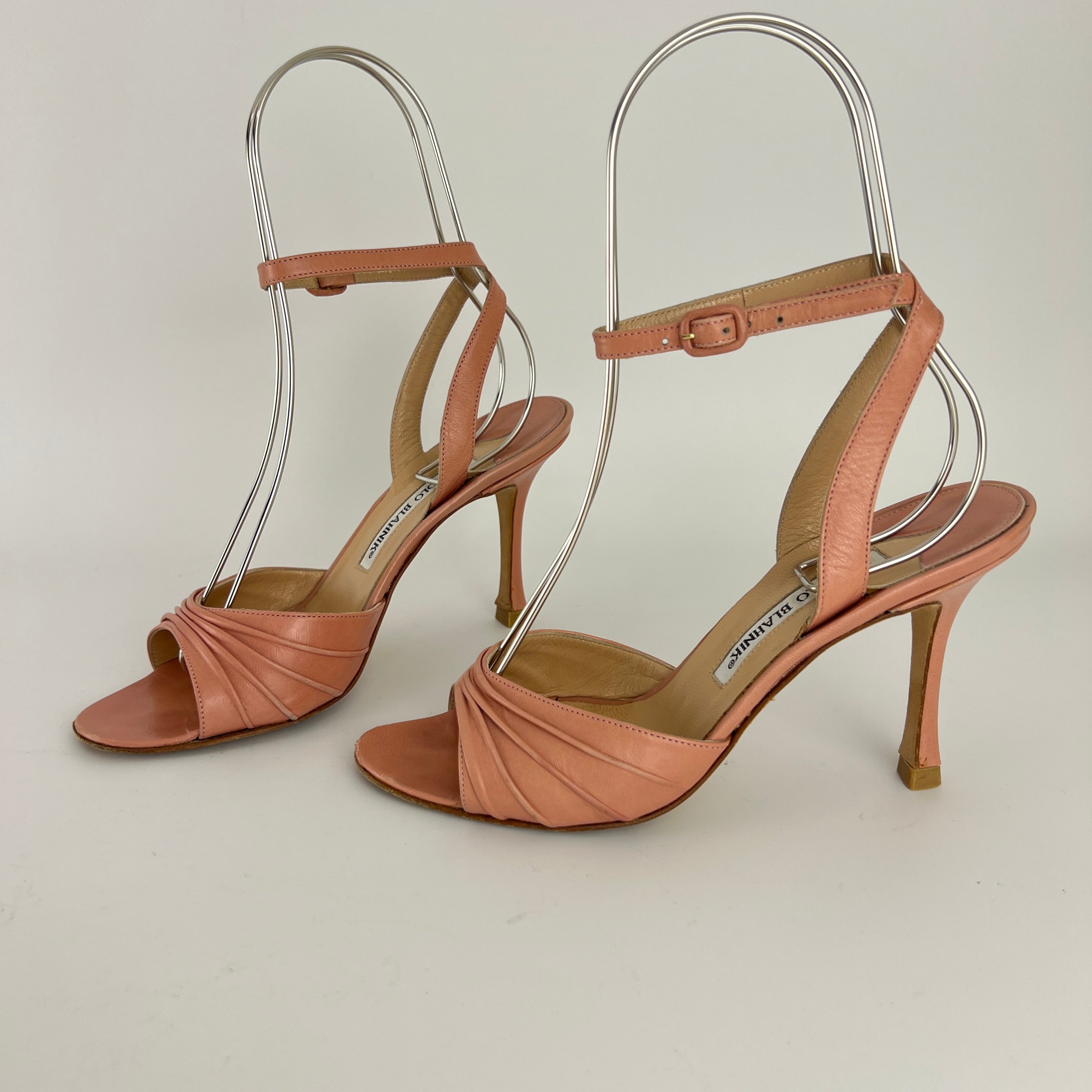 Manolo Blahnik | Pink Pleated Leather Ankle Wrap Sandal Heels (36)