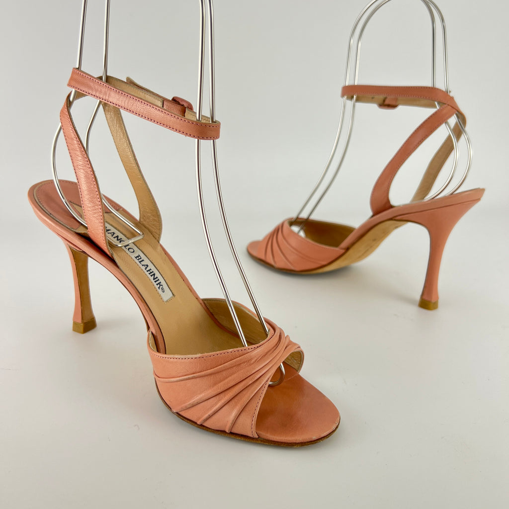 Manolo Blahnik | Pink Pleated Leather Ankle Wrap Sandal Heels (36)