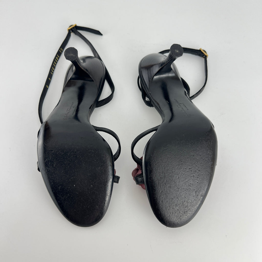 Ferragamo | Purple Flower Black Leather Strappy Sandal Heels (36)