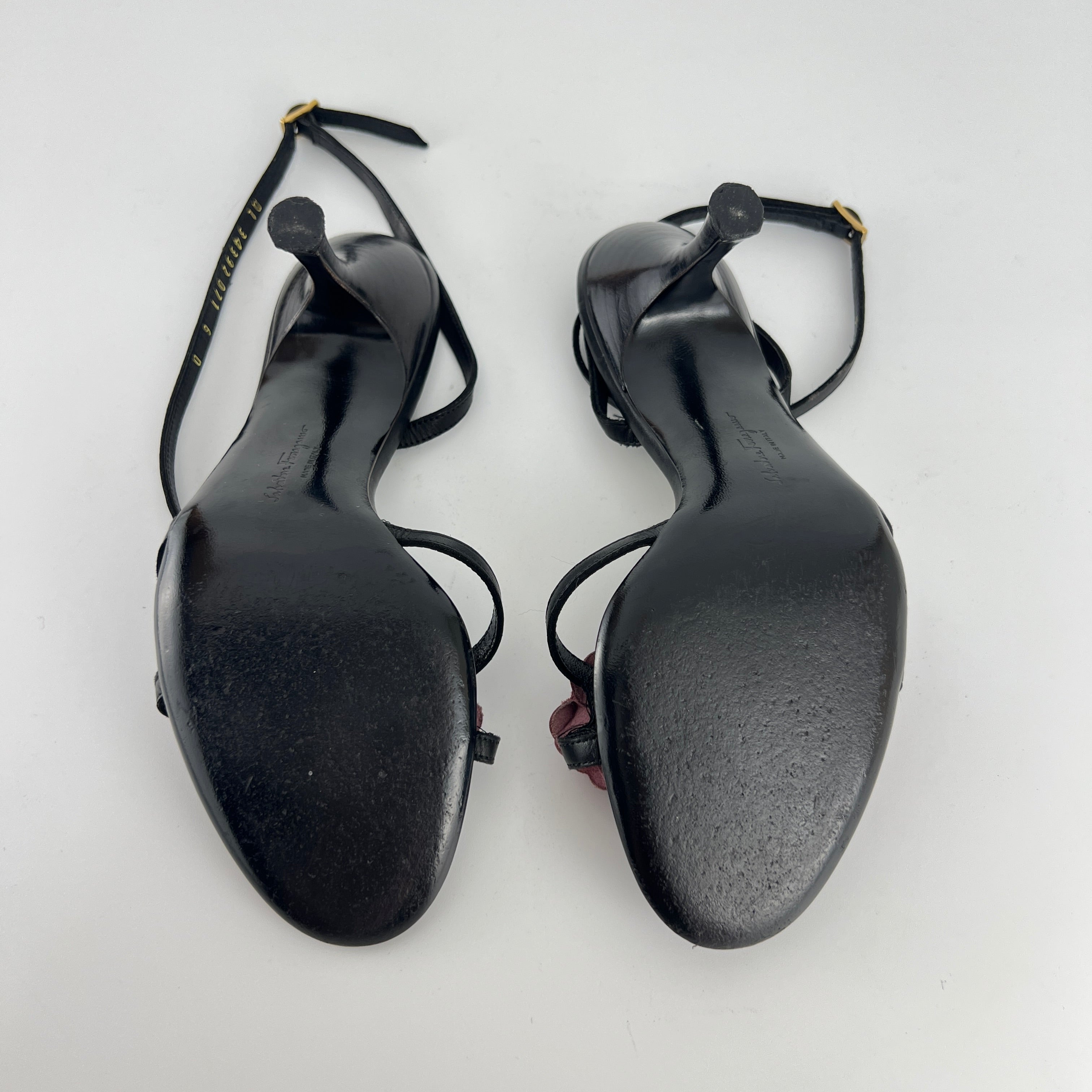 Ferragamo | Purple Flower Black Leather Strappy Sandal Heels (36)