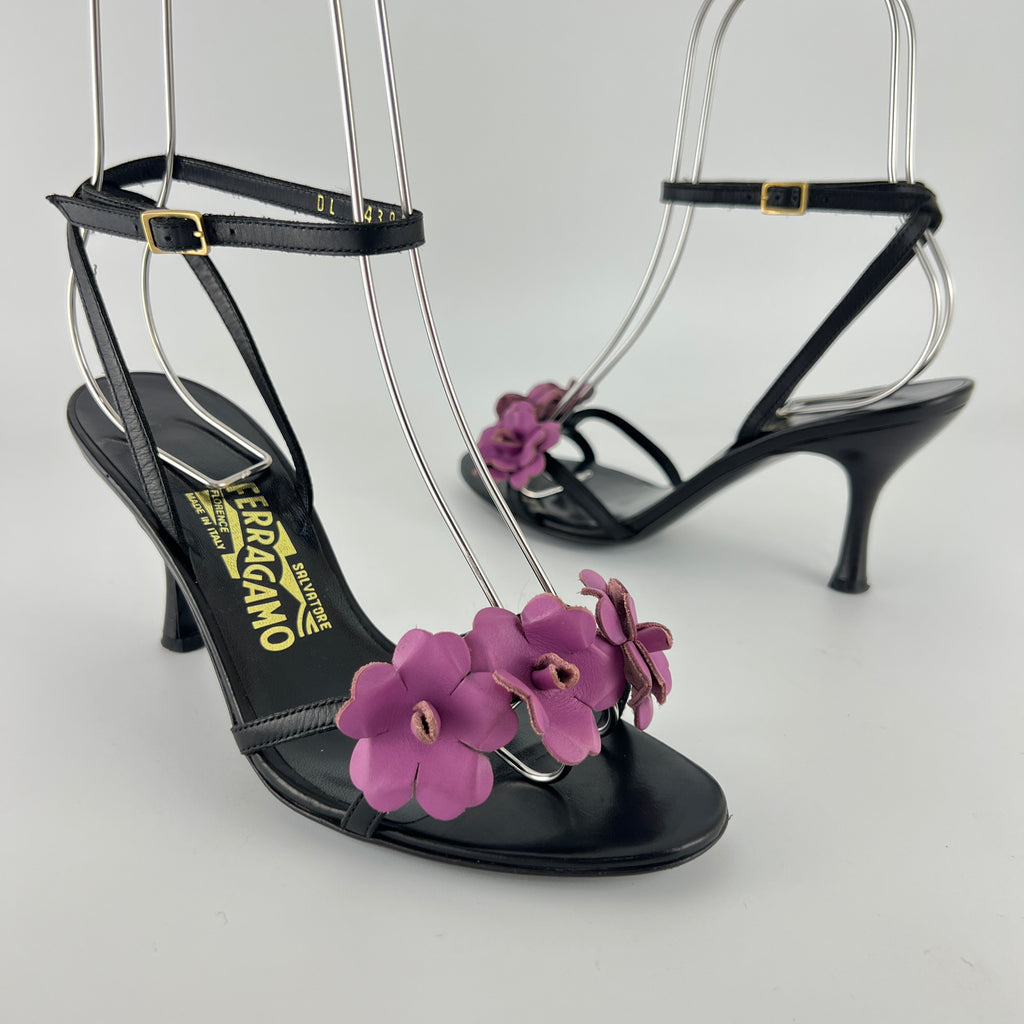 Ferragamo | Purple Flower Black Leather Strappy Sandal Heels (36)
