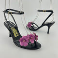 Ferragamo | Purple Flower Black Leather Strappy Sandal Heels (36)