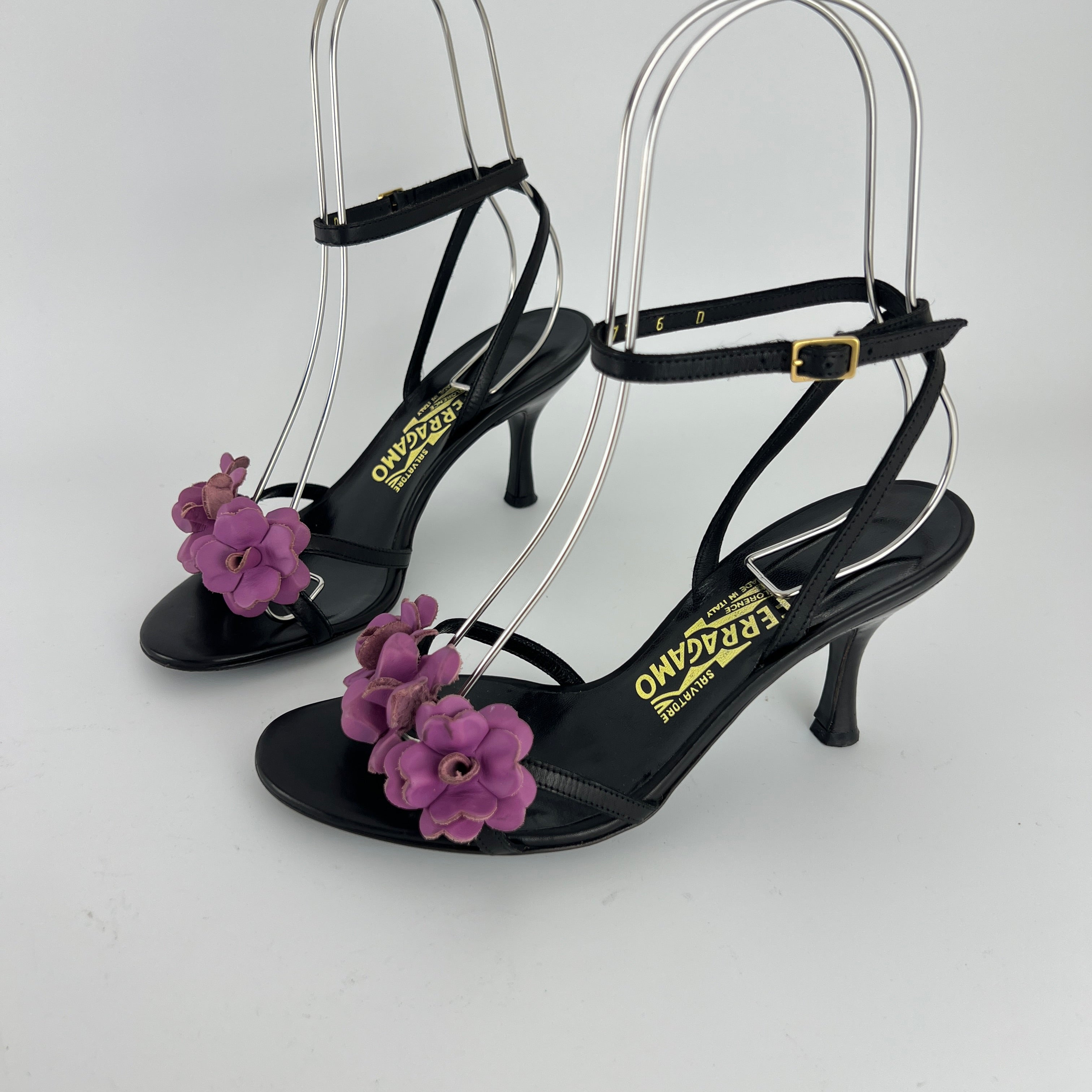 Ferragamo | Purple Flower Black Leather Strappy Sandal Heels (36)