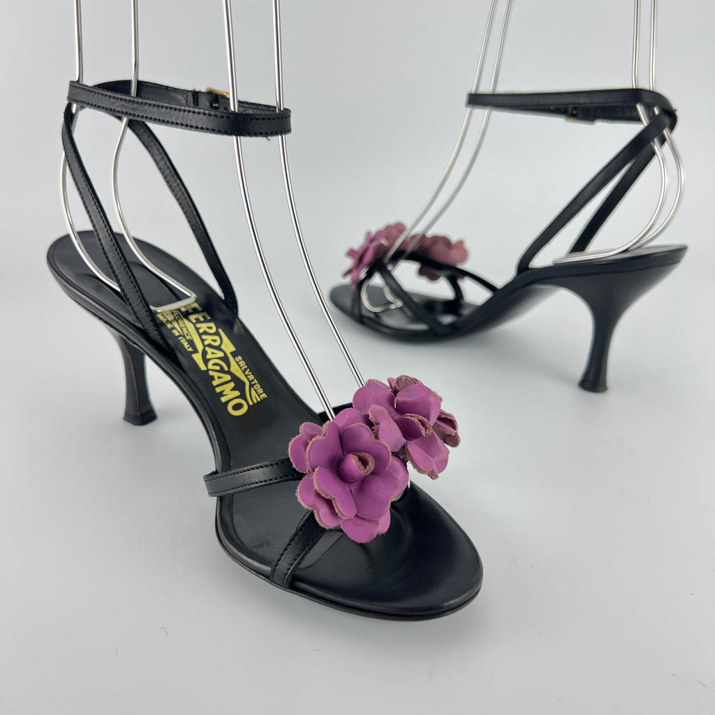 Ferragamo | Purple Flower Black Leather Strappy Sandal Heels (36)