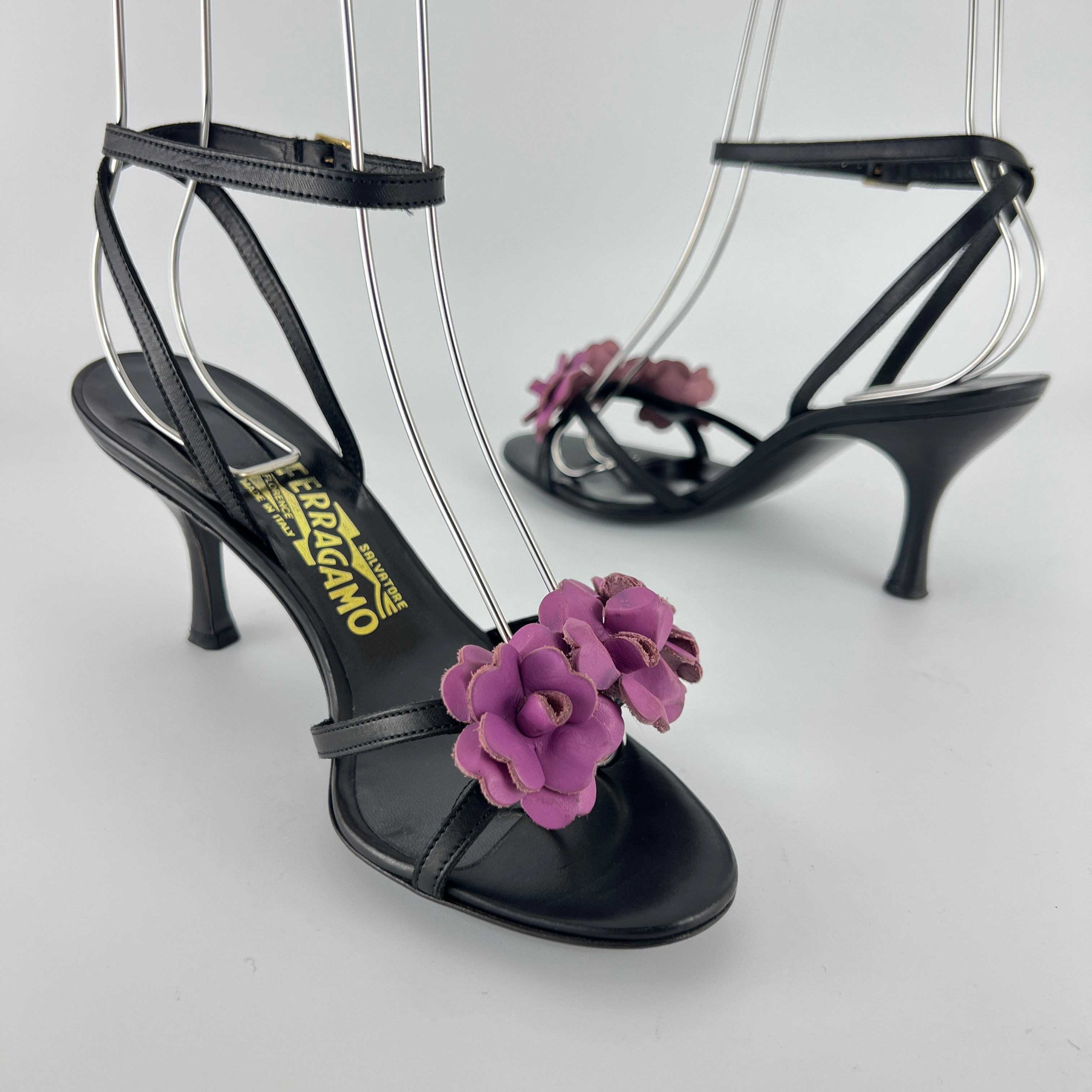Ferragamo | Purple Flower Black Leather Strappy Sandal Heels (36)
