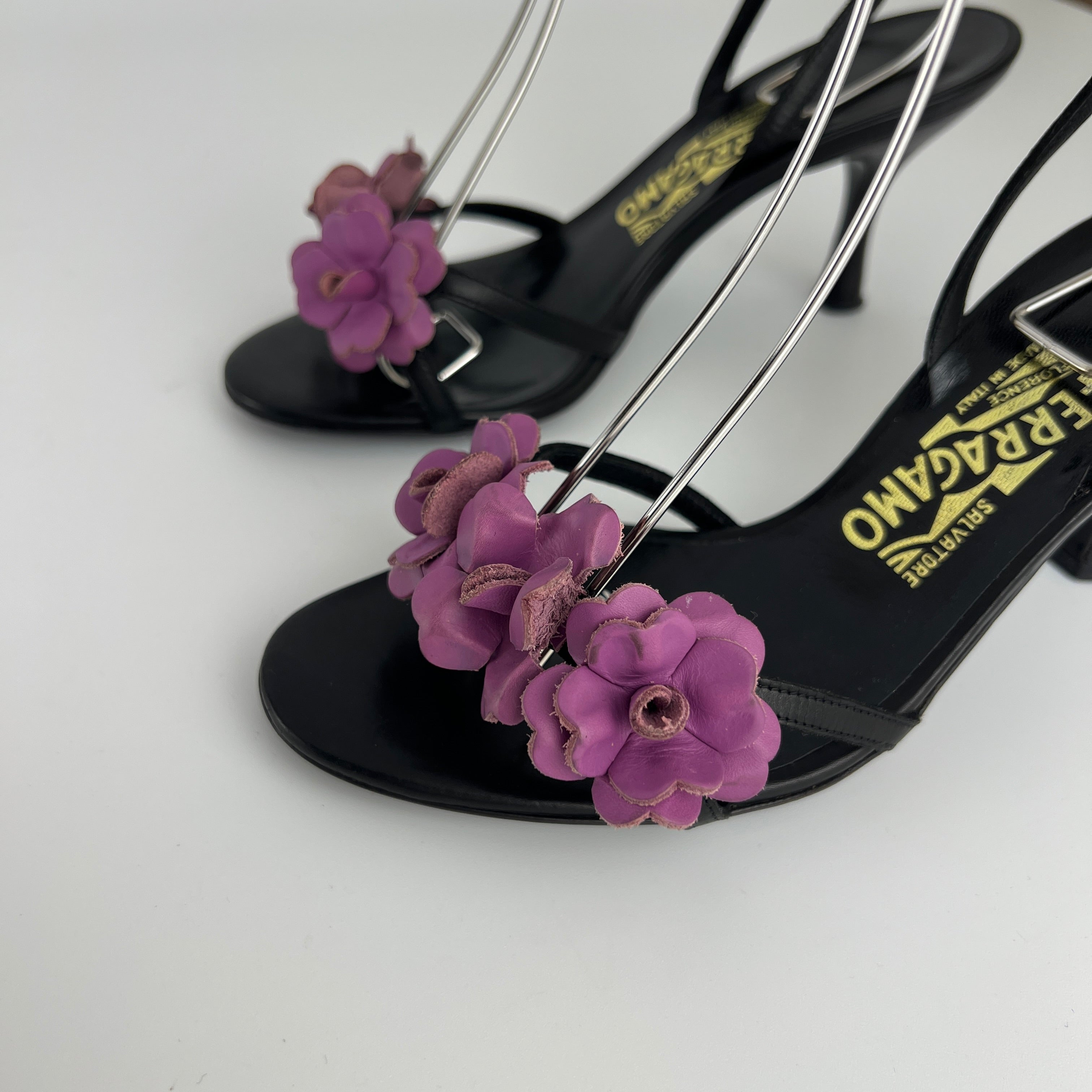 Ferragamo | Purple Flower Black Leather Strappy Sandal Heels (36)