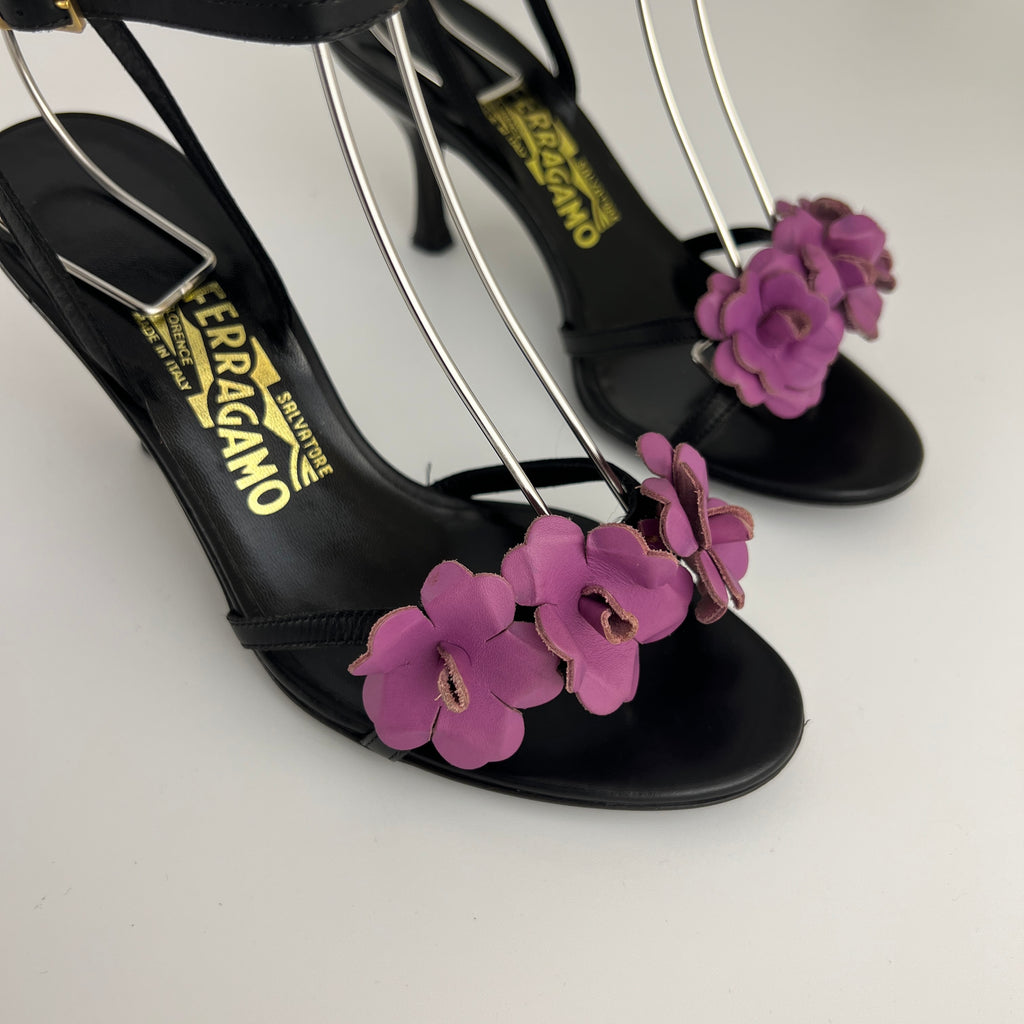 Ferragamo | Purple Flower Black Leather Strappy Sandal Heels (36)