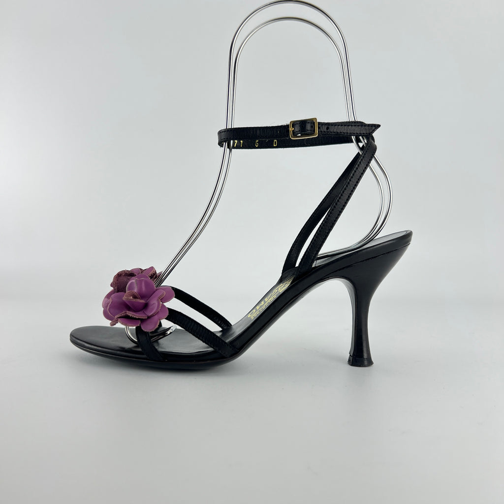Ferragamo | Purple Flower Black Leather Strappy Sandal Heels (36)