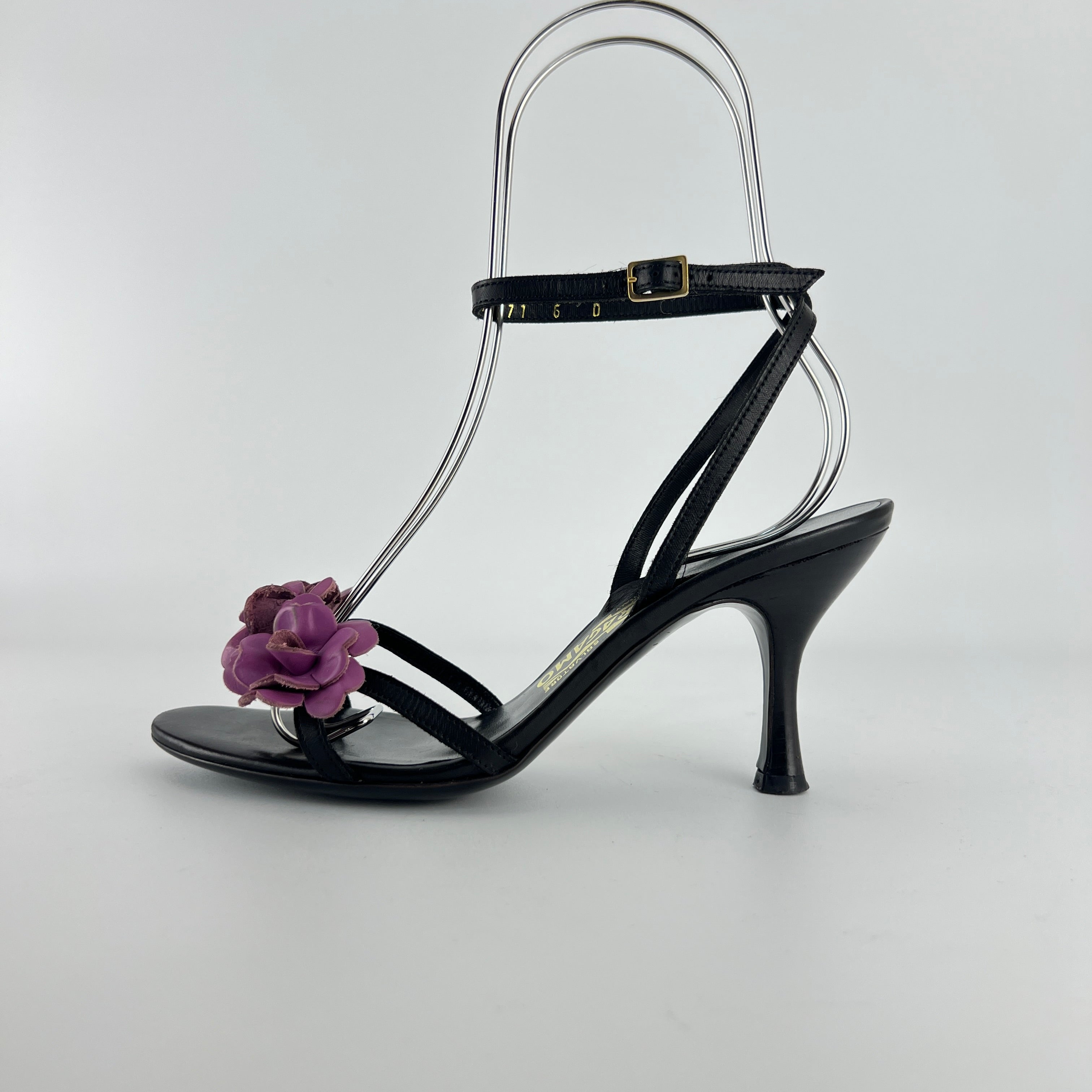 Ferragamo | Purple Flower Black Leather Strappy Sandal Heels (36)