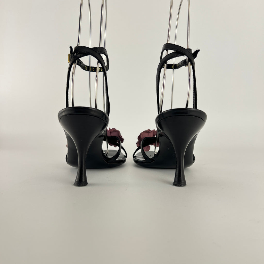 Ferragamo | Purple Flower Black Leather Strappy Sandal Heels (36)