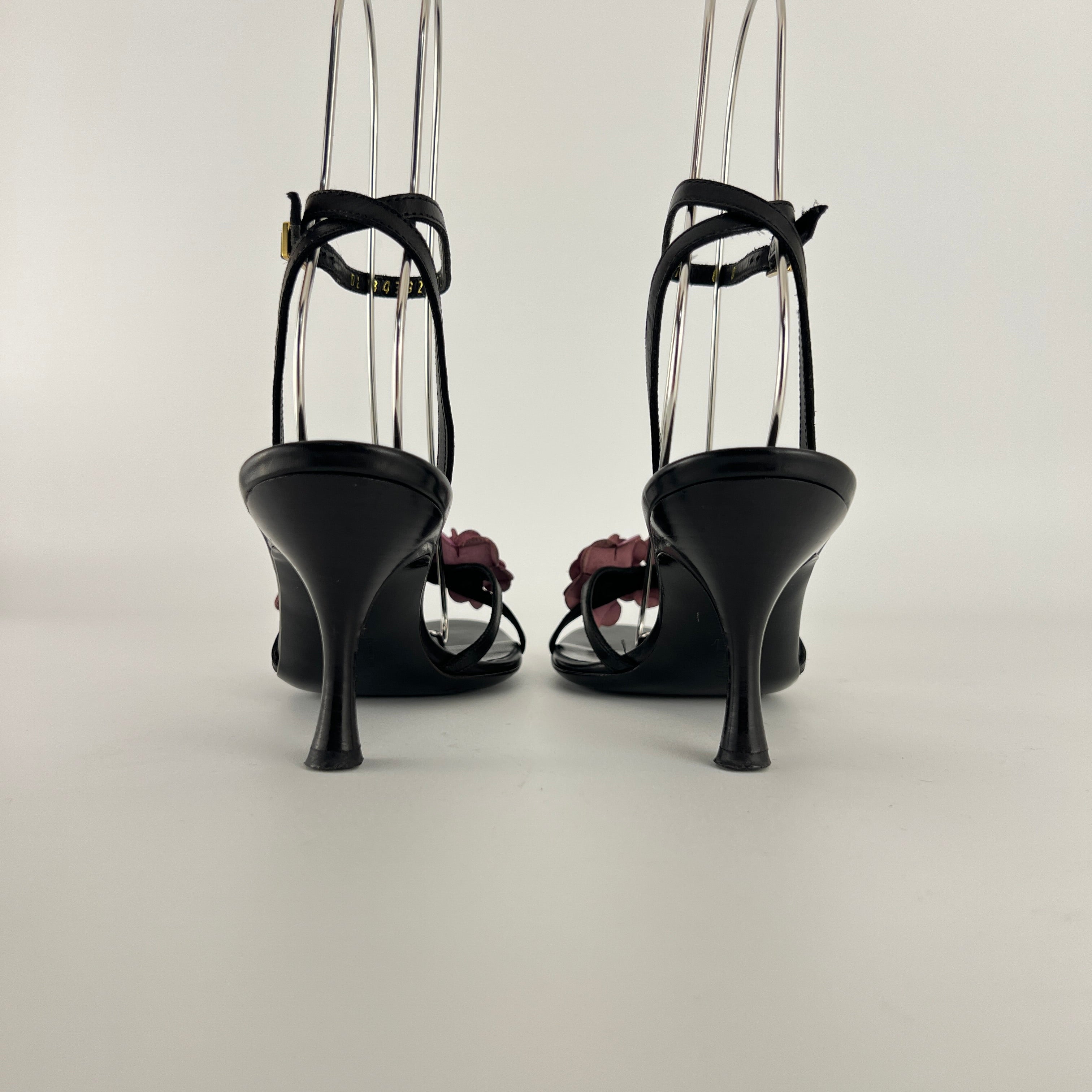 Ferragamo | Purple Flower Black Leather Strappy Sandal Heels (36)