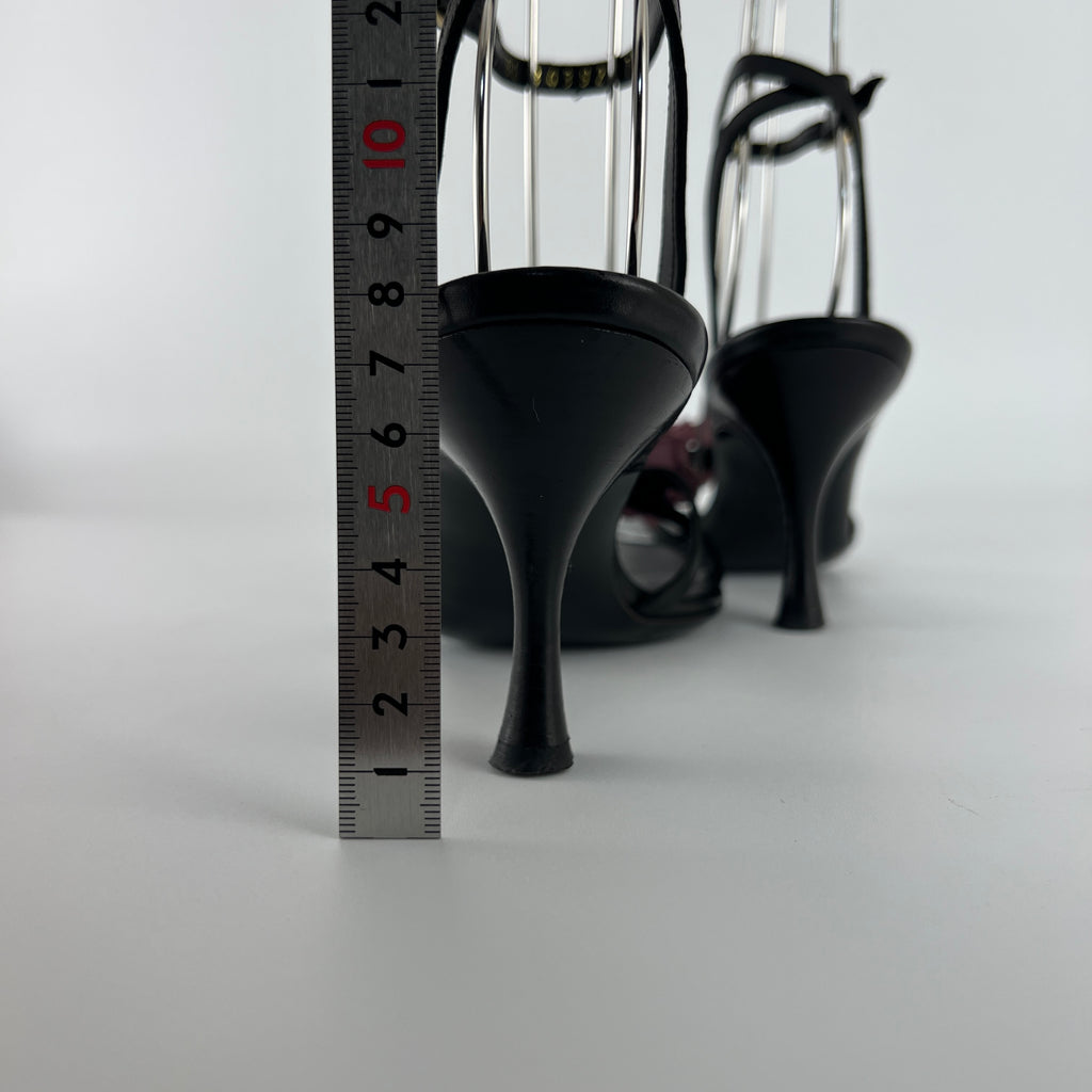 Ferragamo | Purple Flower Black Leather Strappy Sandal Heels (36)