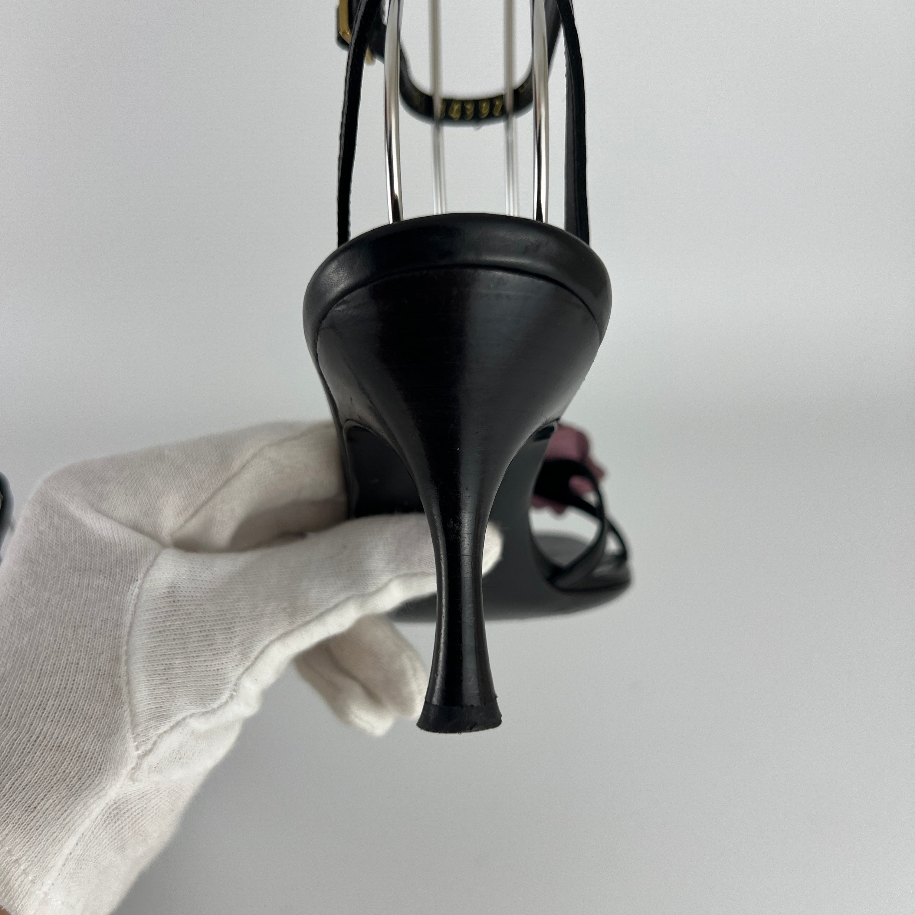 Ferragamo | Purple Flower Black Leather Strappy Sandal Heels (36)