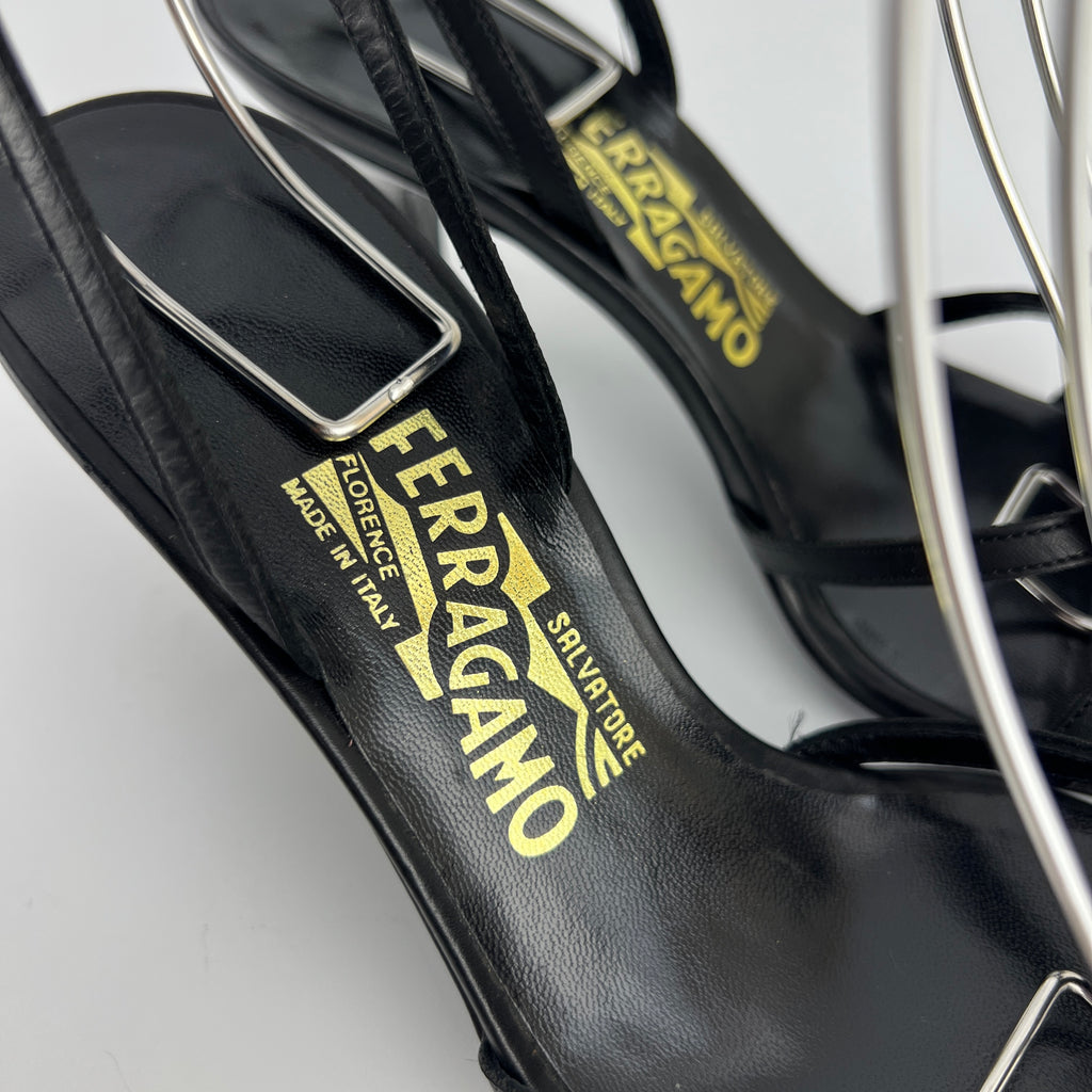 Ferragamo | Purple Flower Black Leather Strappy Sandal Heels (36)